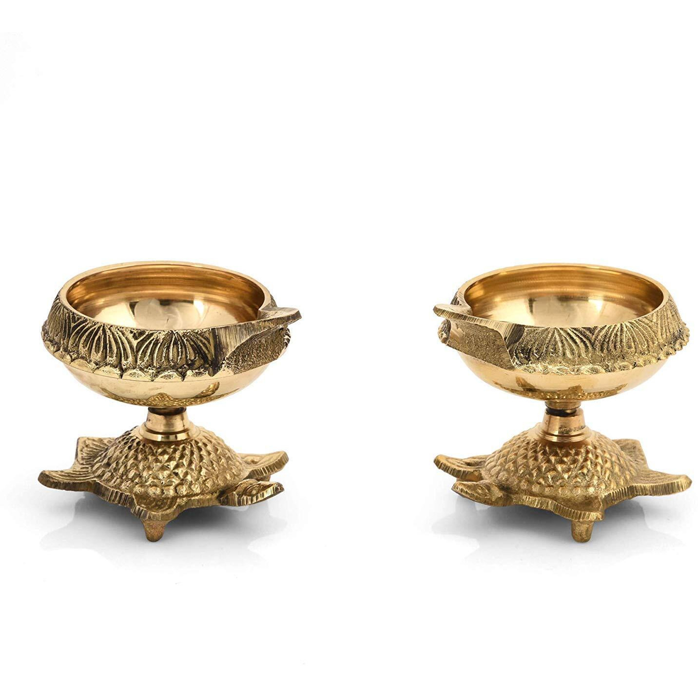 Collectible India Brass Diya Oil Puja Lamp Engraved Design Dia with Turtle Base for Home Temple Pooja Articles Decor Gifts (1Pcs).