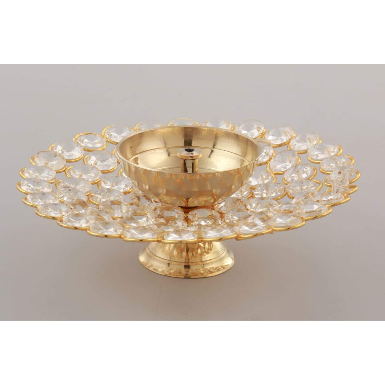 Casa Illuminate Crystal Akhand Diya Decorative Brass Oil Lamp Tea Light Holder Lantern Puja Lamp for Home Office Gift Pooja Articles Dcor, Lotus Shaped 6 inch Diya Lantern (Gold and White)