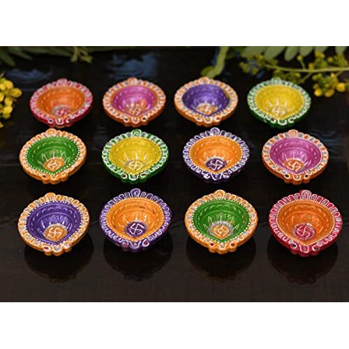 Collectible India Clay Diyas Diya Deepak Colorful Set Earthen Diwali Decoration Puja - Handpainted Diya for Home Indoor Outdoor Diwali Handmade (Set of 4) (4)