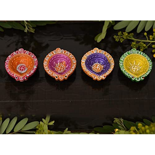 Collectible India Clay Diyas Diya Deepak Colorful Set Earthen Diwali Decoration Puja - Handpainted Diya for Home Indoor Outdoor Diwali Handmade (Set of 4) (4)