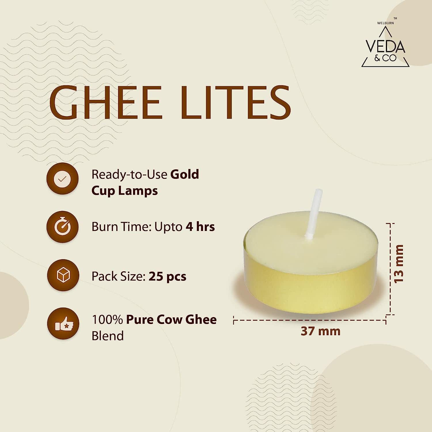 Welburn Veda&Co Ghee Tealight Candles - Pack of 25, Upto 4 Hours Burning Time, Pure Cow Ghee Diya for Puja in Beautiful Gold Color Cup, Candles for Home Decor, Pooja, Home, Temple