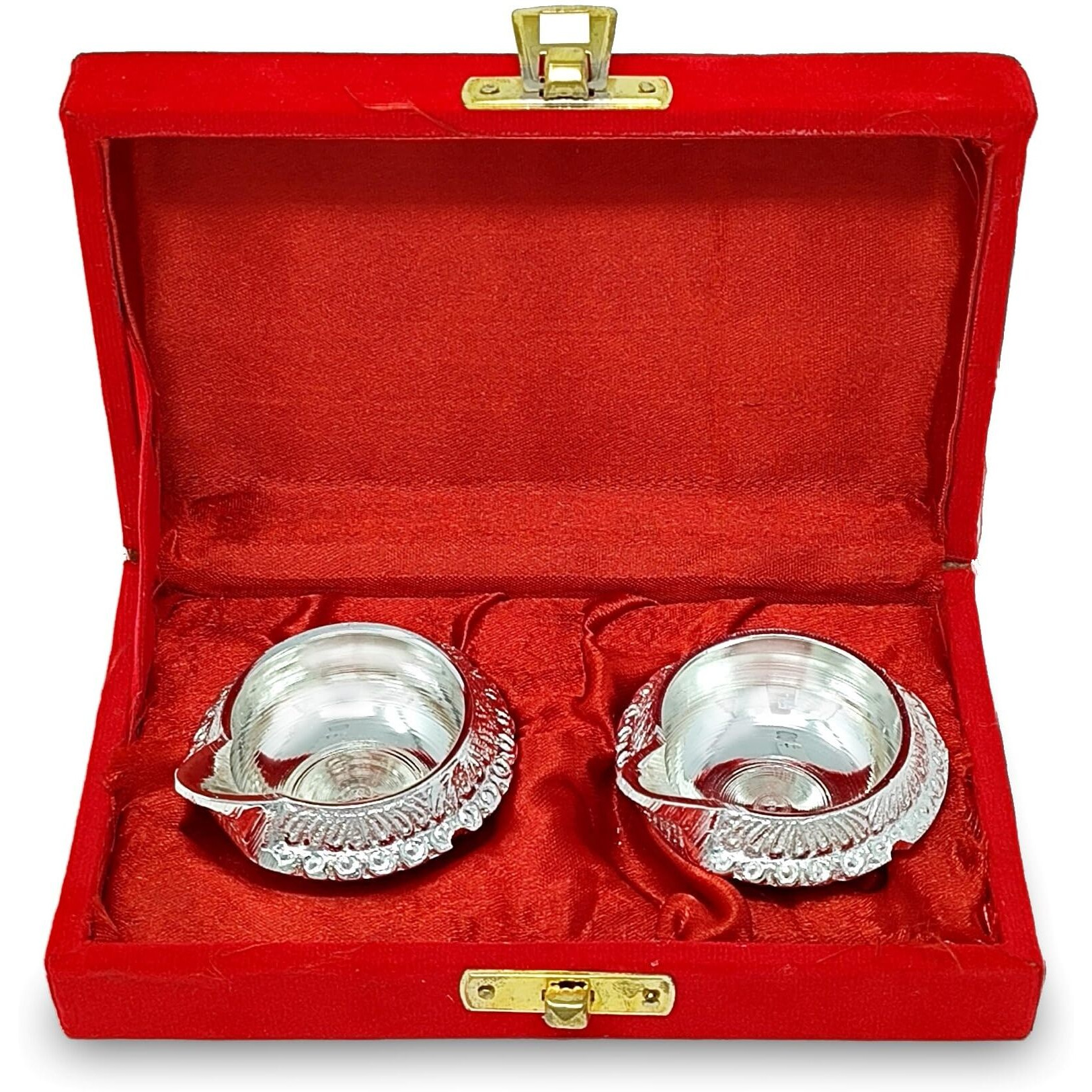 BENGALEN Silver Plated Kuber Diya with Red Velvet Gift Box Decorative Dia Pooja Items Diwali Decoration Puja Gifts Handmade Oil Lamp Traditional Indian Deepawali Gift Items