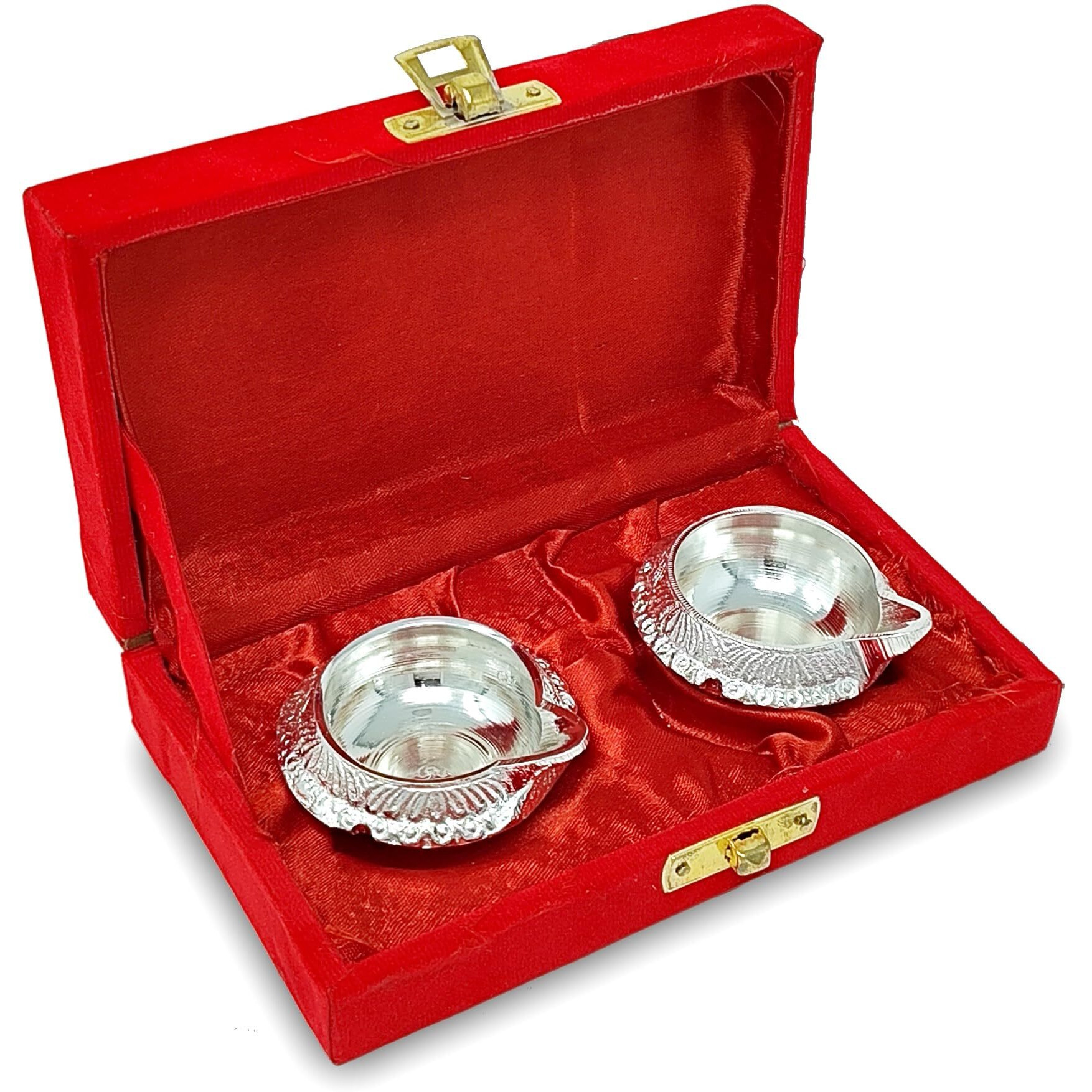 BENGALEN Silver Plated Kuber Diya with Red Velvet Gift Box Decorative Dia Pooja Items Diwali Decoration Puja Gifts Handmade Oil Lamp Traditional Indian Deepawali Gift Items