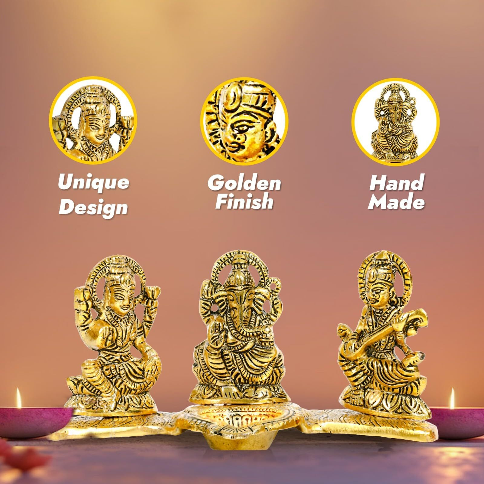 Kalakriti God Idols for puja Room Metal Antique Ganesh laxmi Saraswati Idol Murti |Decorative Platter with Diya, Sitting Blessing Ganpati for Diwali Decoration Festival, Golden