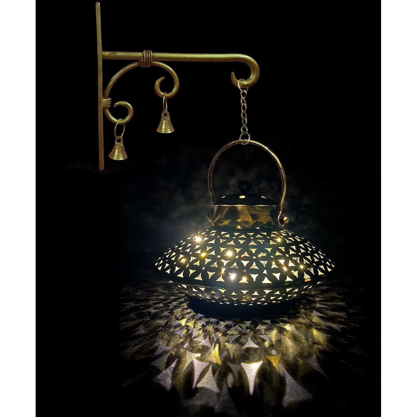 Netboon Handcrafted Wall Hanging Handi Degchi Dhoop Dani Pot Diya Lantern Incense T-Light Candle Holder for Home Decor, Pooja Room, Meditation Space- Iron,Gold Color