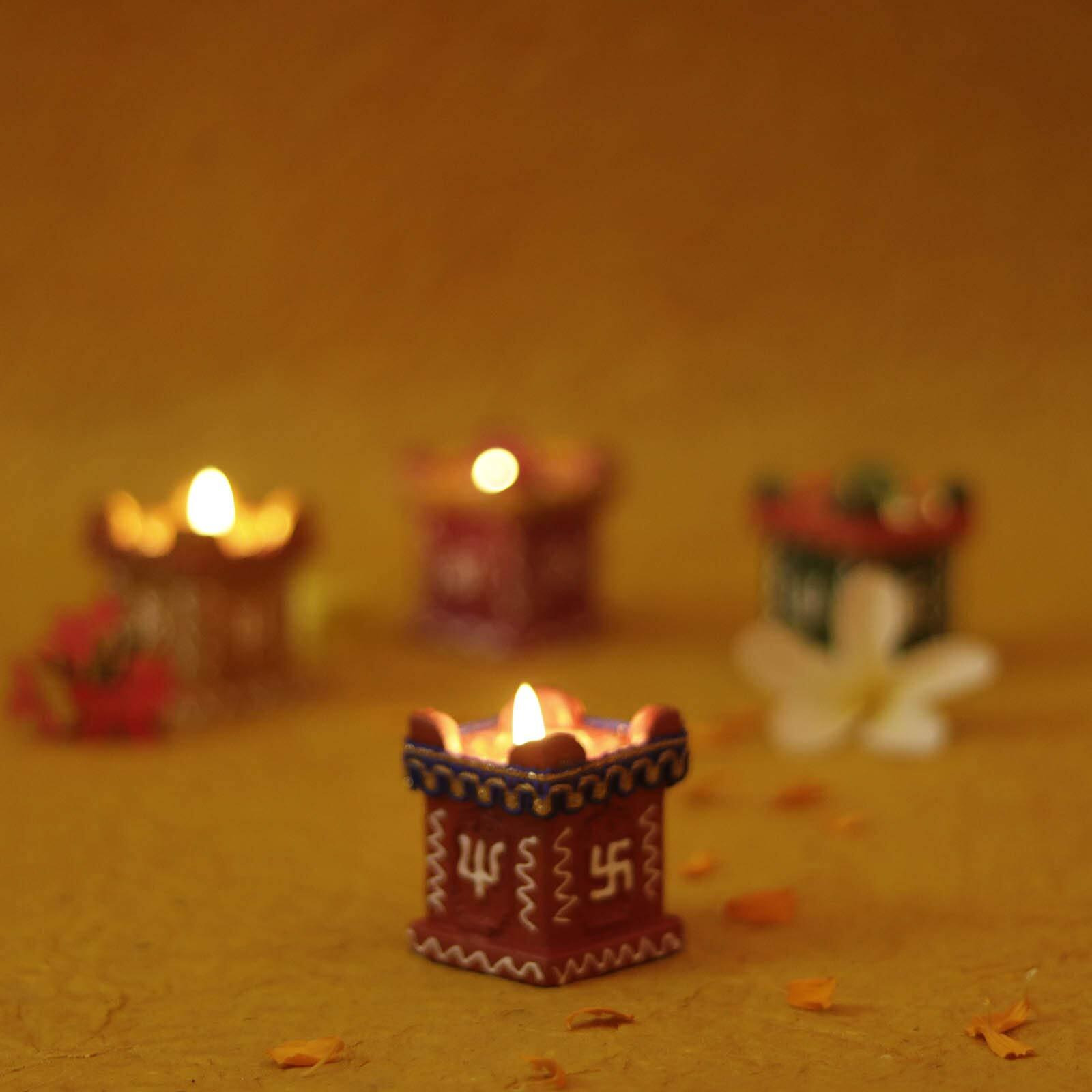 Perpetual Tulsi Diya for Diwali Decoration Handmade | Earthen Clay Terracotta Decorative Diya 4 Pcs Set | Tealight Candle Festival Diya Oil Lamps | Pooja Purpose Outdoor Indoor | Handmade | Best Gift