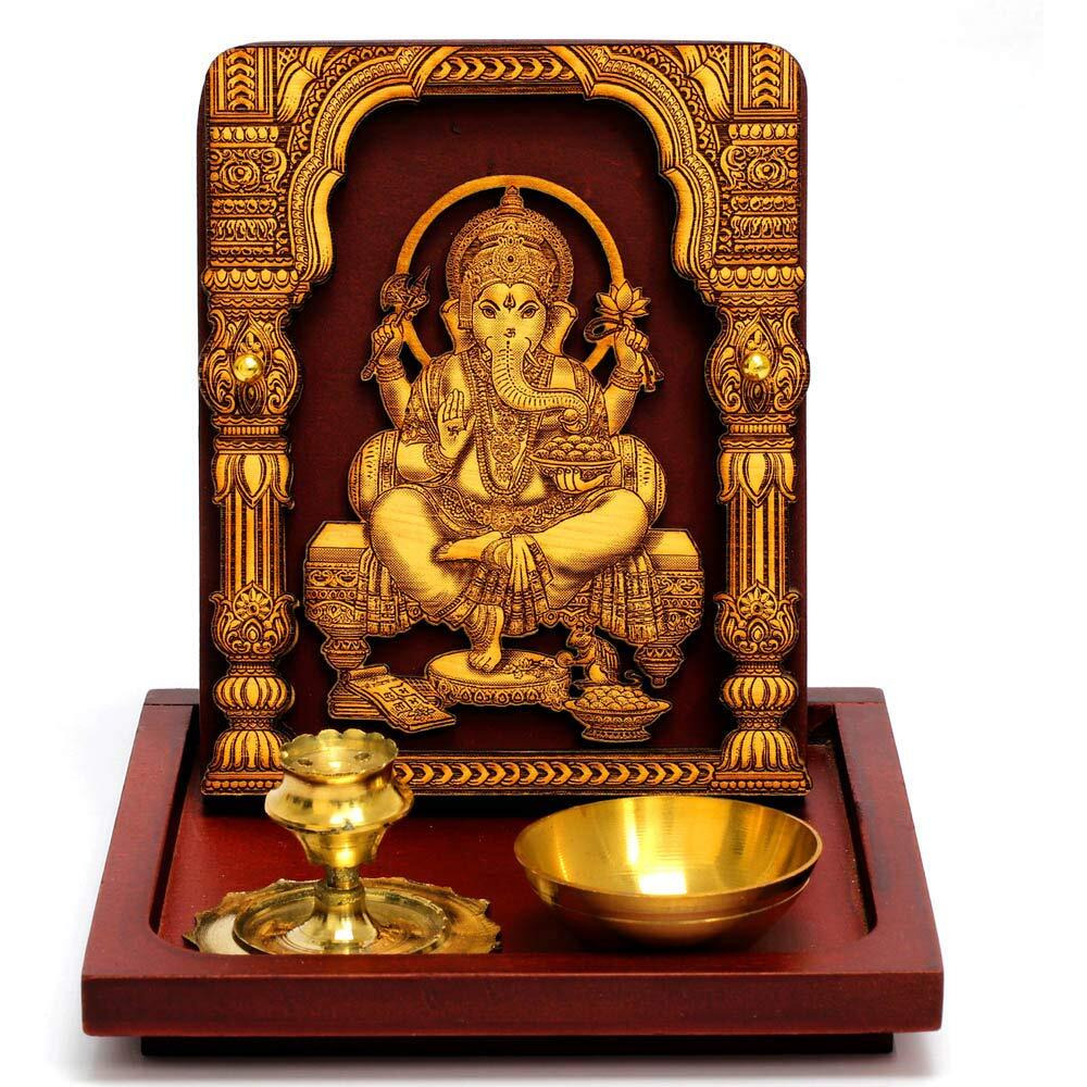 Eknoor Ganesh Ji God Idol with Brown Wooden Base and Brass Dhoop Agarbatti Stand Incense Holder and Diya Mini Puja Ghar/Puja Ghar Set for Home, Office, House Warming, Gift-Super Carving 2