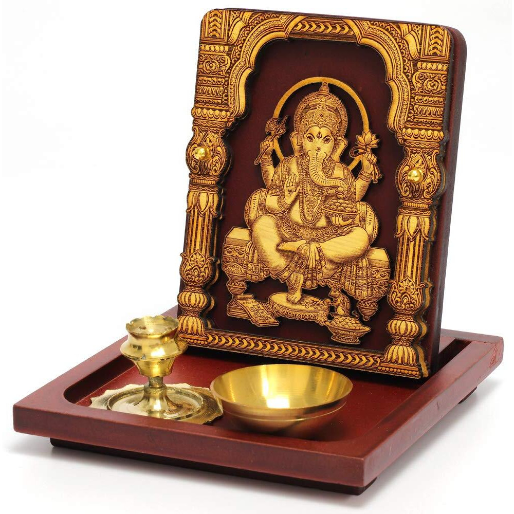 Eknoor Ganesh Ji God Idol with Brown Wooden Base and Brass Dhoop Agarbatti Stand Incense Holder and Diya Mini Puja Ghar/Puja Ghar Set for Home, Office, House Warming, Gift-Super Carving 2