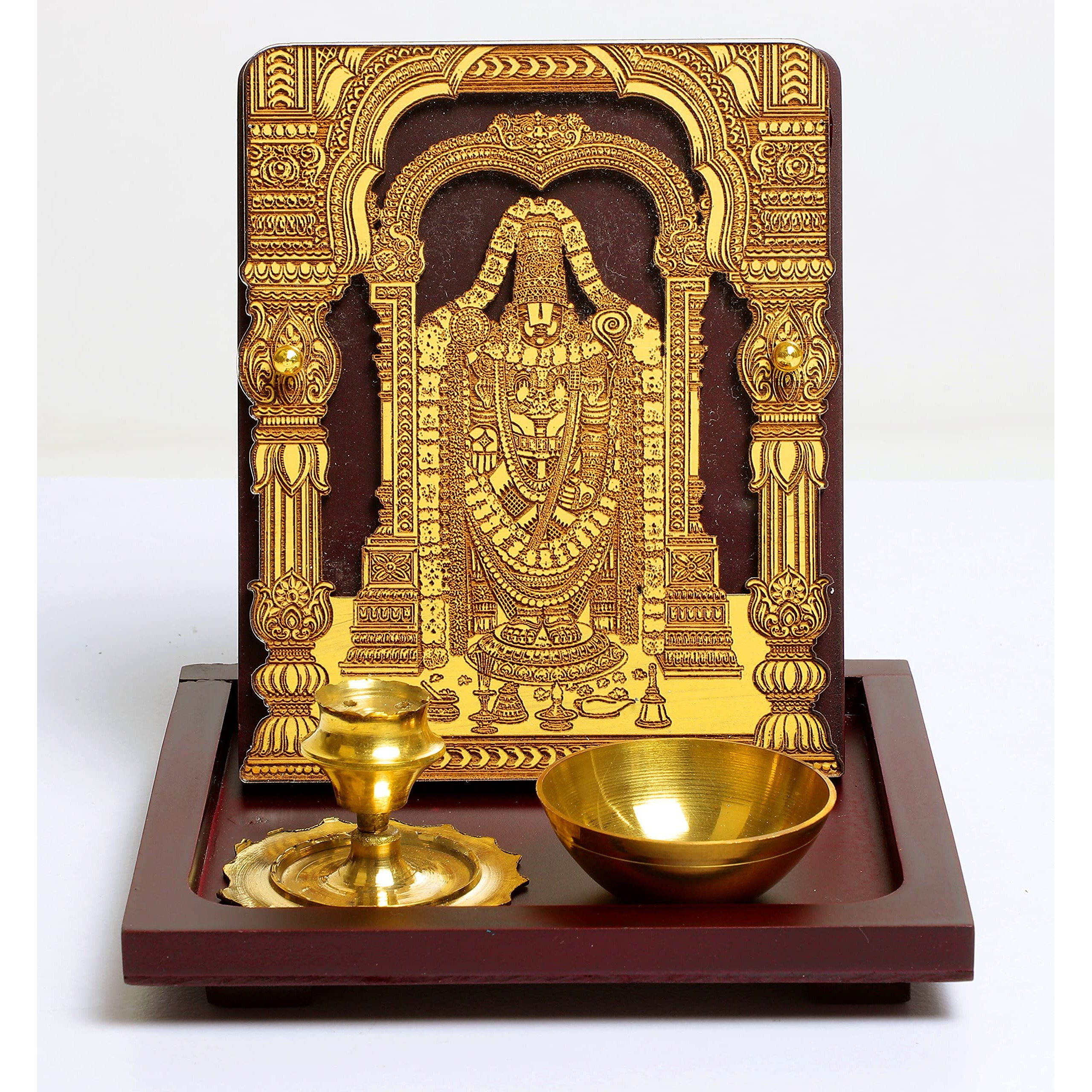 Eknoor Bala Ji God Idol with Brown Wooden Base and Brass Dhoop Agarbatti Stand Incense Holder and Diya Mini Puja Ghar/Puja Ghar Set for Home, Office, House Warming, Gift-Super Carving 2