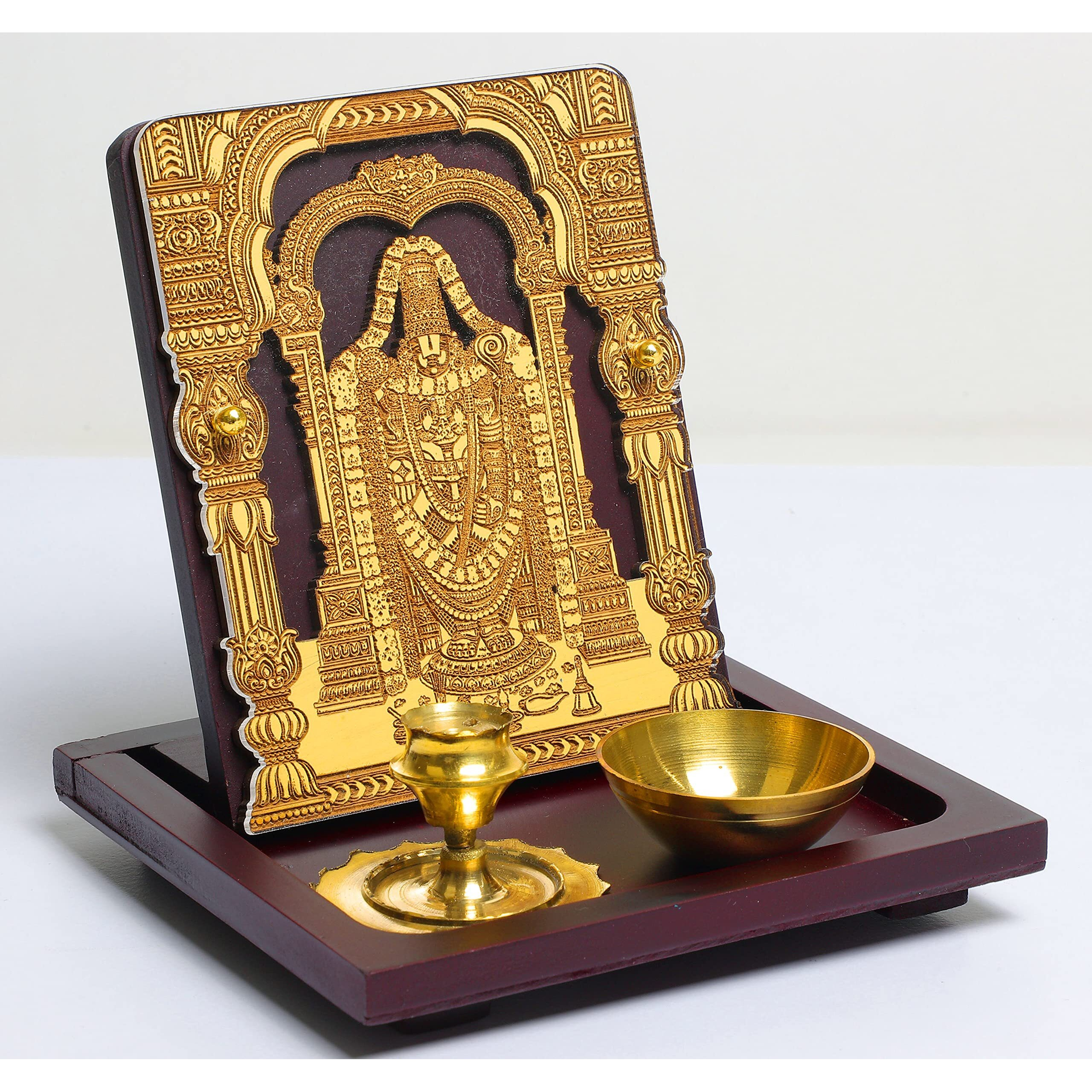 Eknoor Bala Ji God Idol with Brown Wooden Base and Brass Dhoop Agarbatti Stand Incense Holder and Diya Mini Puja Ghar/Puja Ghar Set for Home, Office, House Warming, Gift-Super Carving 2