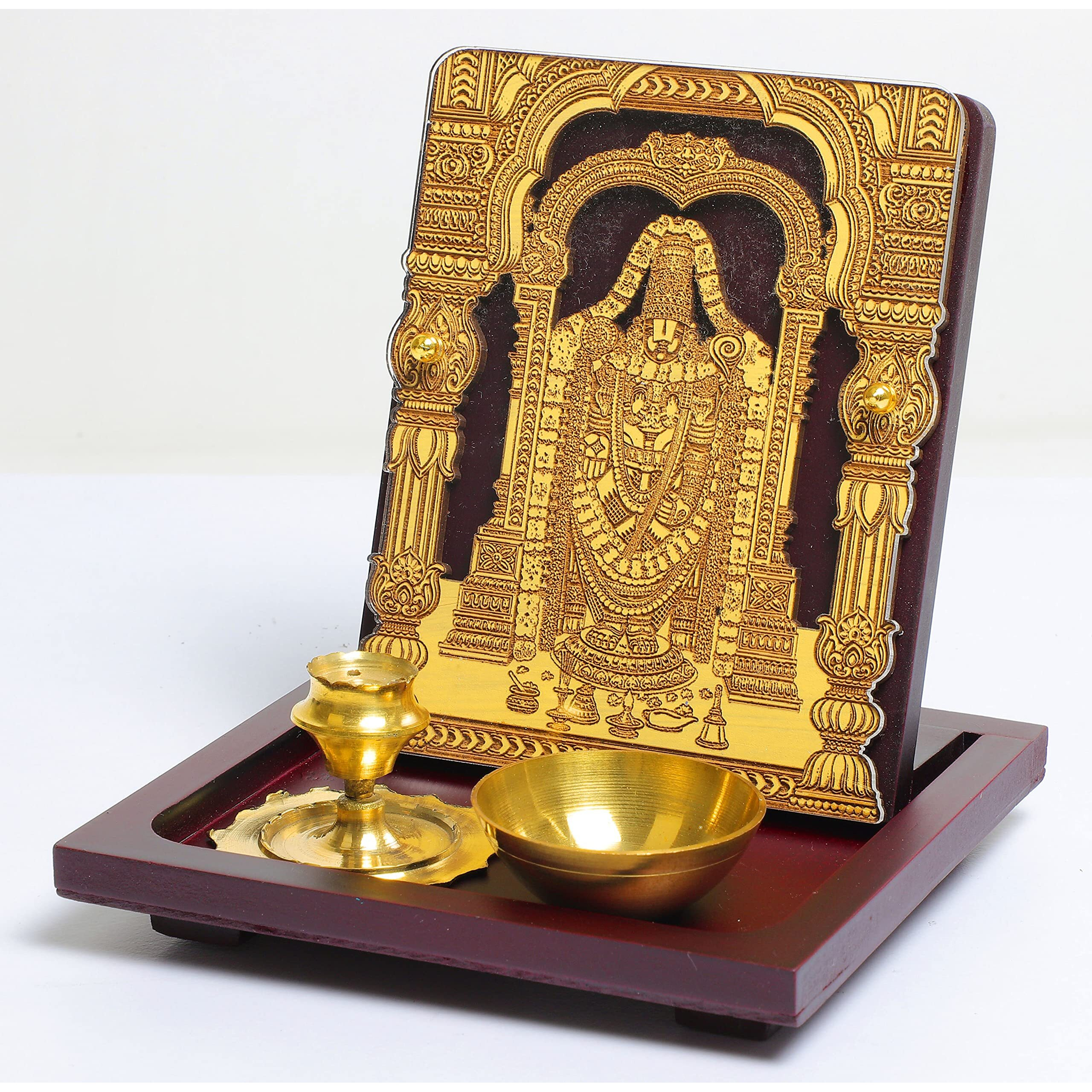 Eknoor Bala Ji God Idol with Brown Wooden Base and Brass Dhoop Agarbatti Stand Incense Holder and Diya Mini Puja Ghar/Puja Ghar Set for Home, Office, House Warming, Gift-Super Carving 2