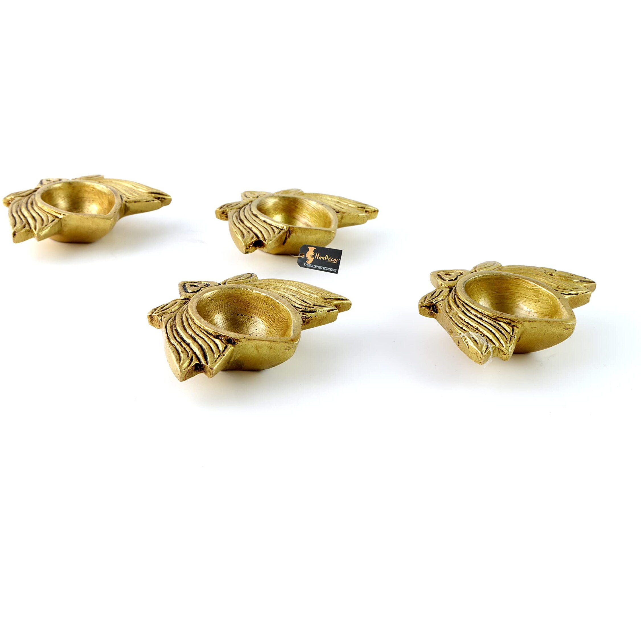 Two Moustaches Lotus Shaped Decor Brass Diya 2.5 Inches Set of 4, Material - Brass, Home Decoration Item Gift, Lotus Brass Diyas Oil Lamp Pooja, Housewarming Gifts (Set of 4), Antique Yellow