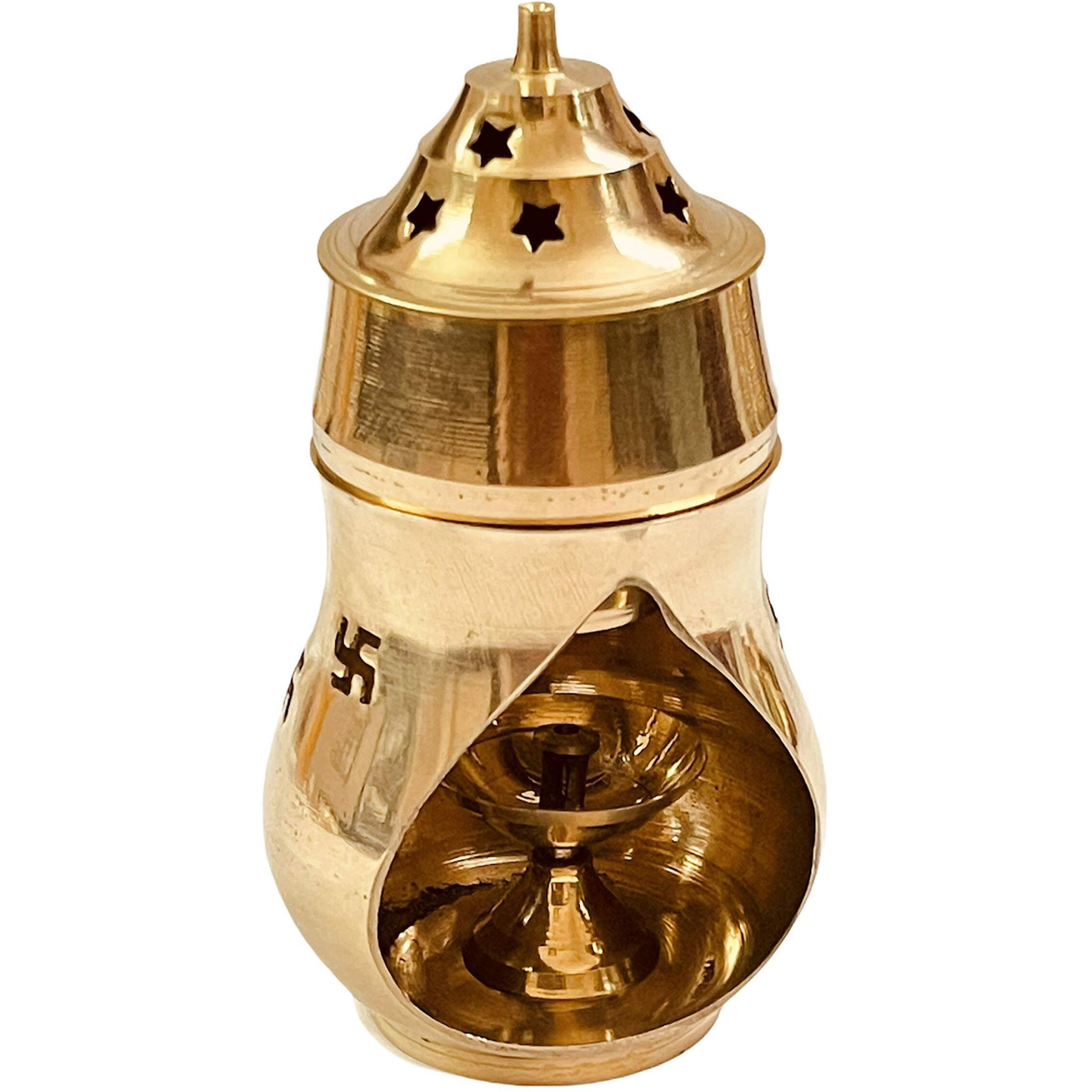 SAHAYA Camphor Aroma Incense Burner Lamp Cylindrical Essential Aroma Lamp Oil Burner with Diya Brass Gold Plated (8.5cm x 8.5cm x 16cm)