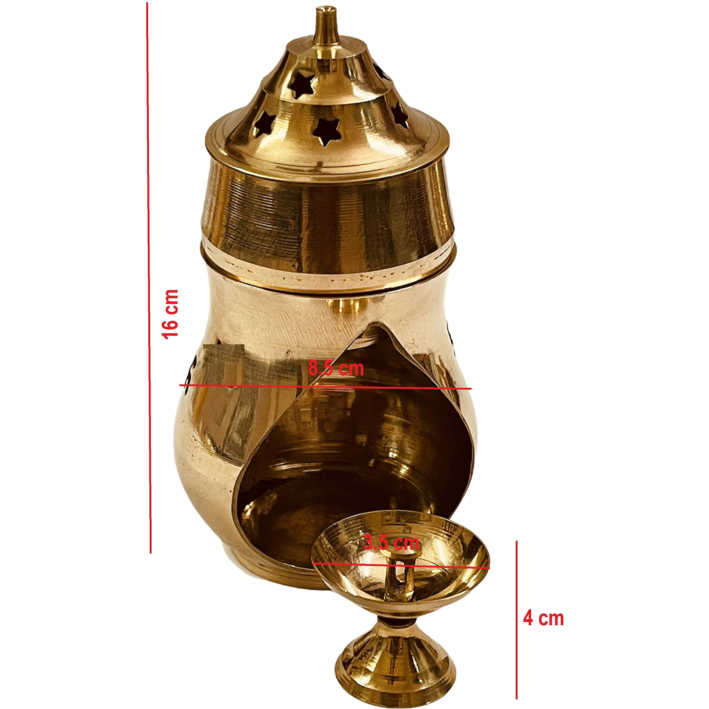 SAHAYA Camphor Aroma Incense Burner Lamp Cylindrical Essential Aroma Lamp Oil Burner with Diya Brass Gold Plated (8.5cm x 8.5cm x 16cm)