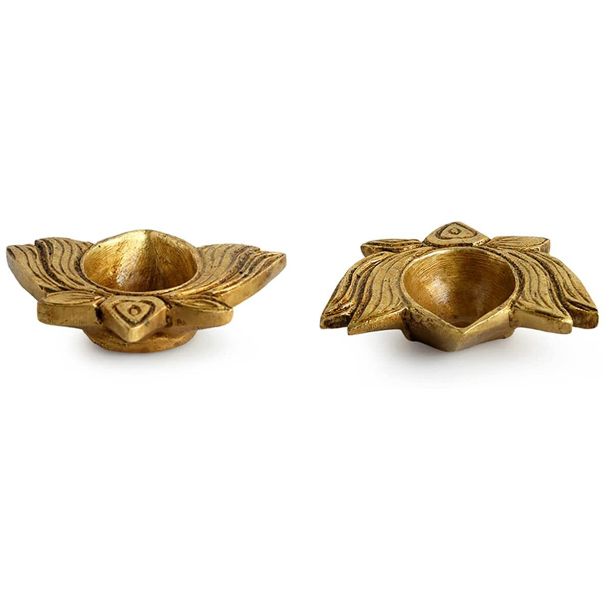 ExclusiveLane Lotus Shaped Brass Diya for Puja Room Mandir (Pure Brass, Set of 2, 0.2 Kg) | Hand-Carved Table Diya for Gift Brass Oil Diya for Home Decoration Ghee Diya for Puja