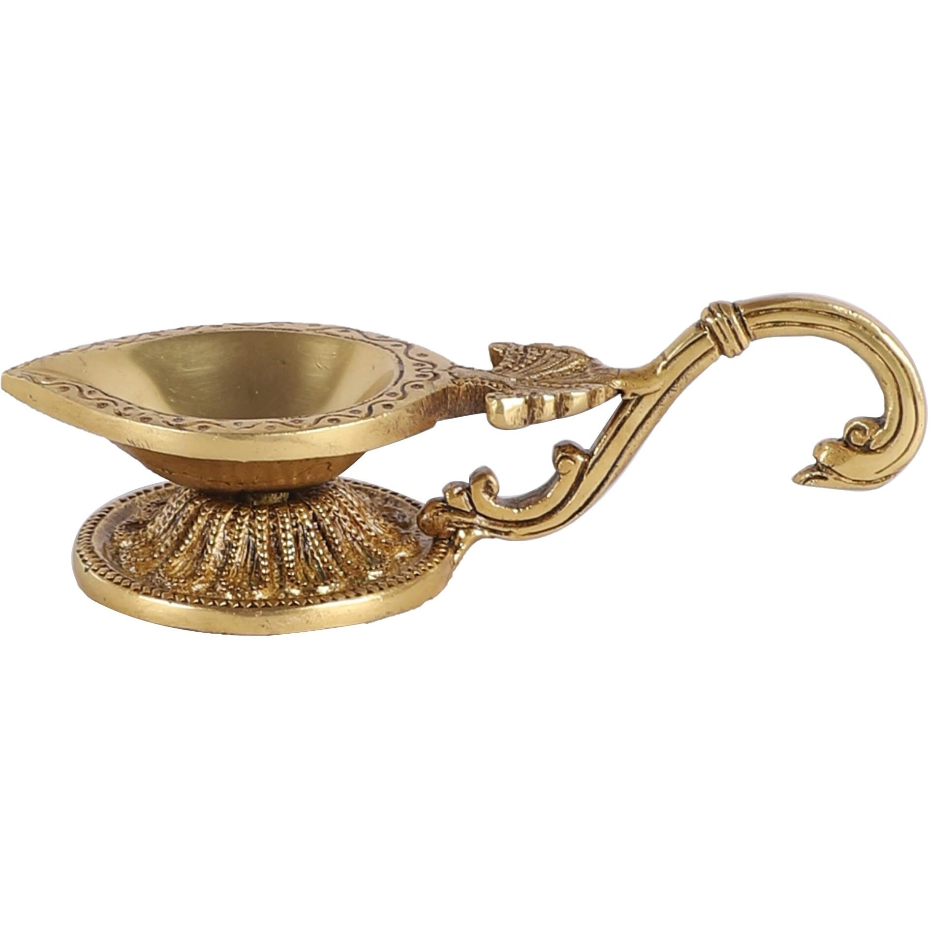 Two Moustaches Ethnic Handcarved Brass Diya with Curved Handle, Brass Diyas for Pooja , Diyas for Home Decor , Golden , Standard , Pack of 1