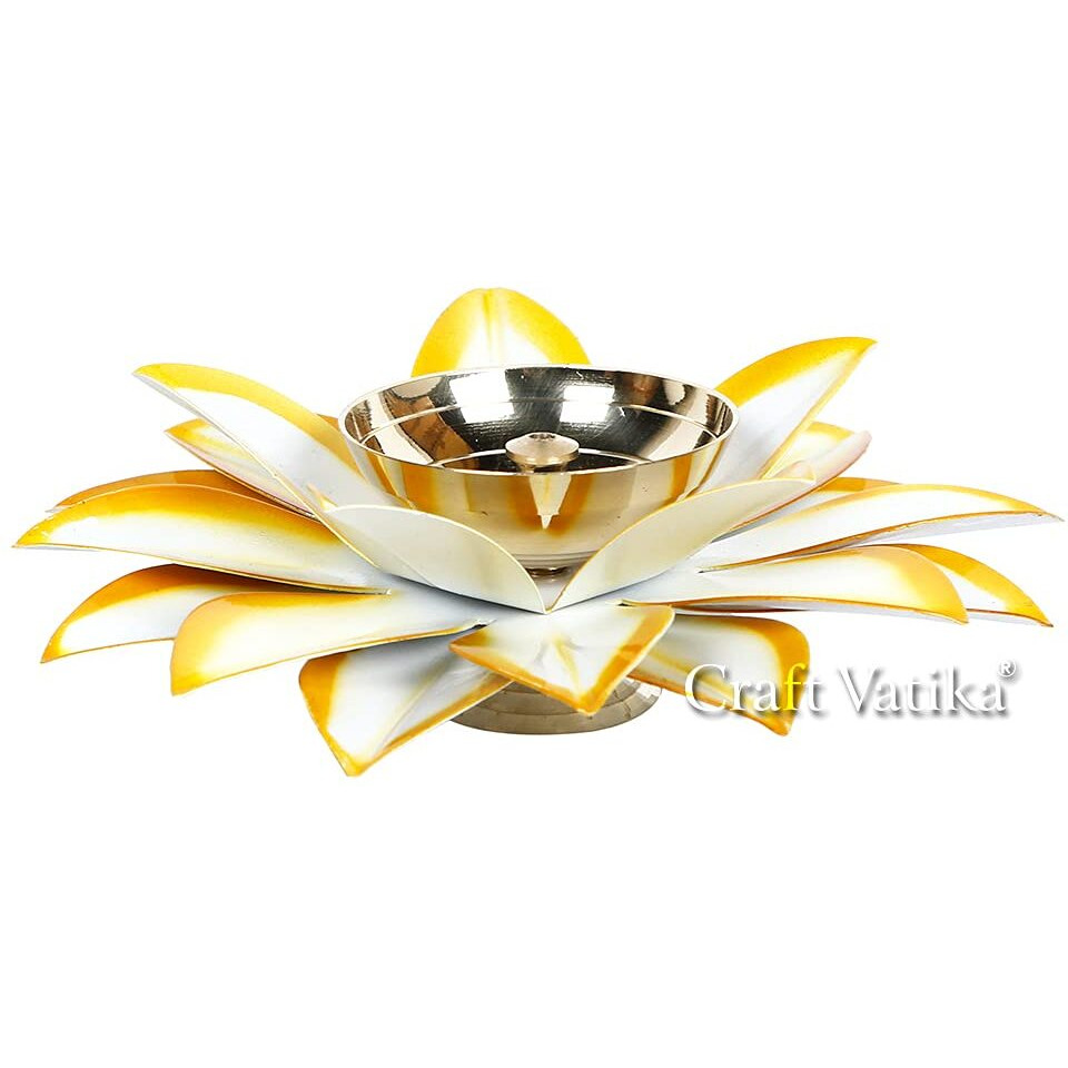 Collectible India Lotus Diyas for Puja Kamal Patti Brass Diya Oil Lamp Pooja Temple Home (White Yellow)