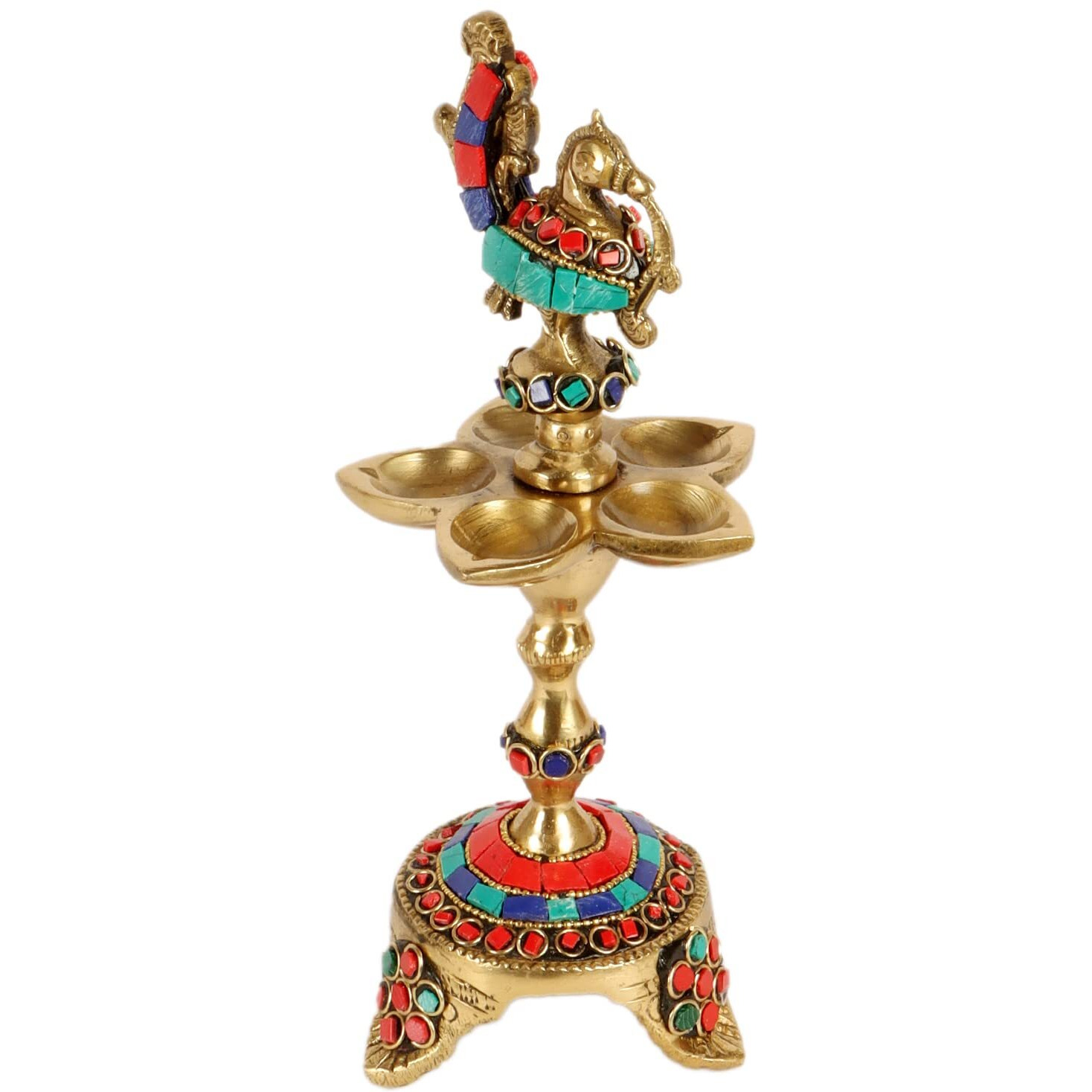 Two Moustaches Gemstone Work Peacock Over Ethnic Carved Legs Five Oil Wick Brass Diya, Diya for Home Temple, Standard, Pack of 1