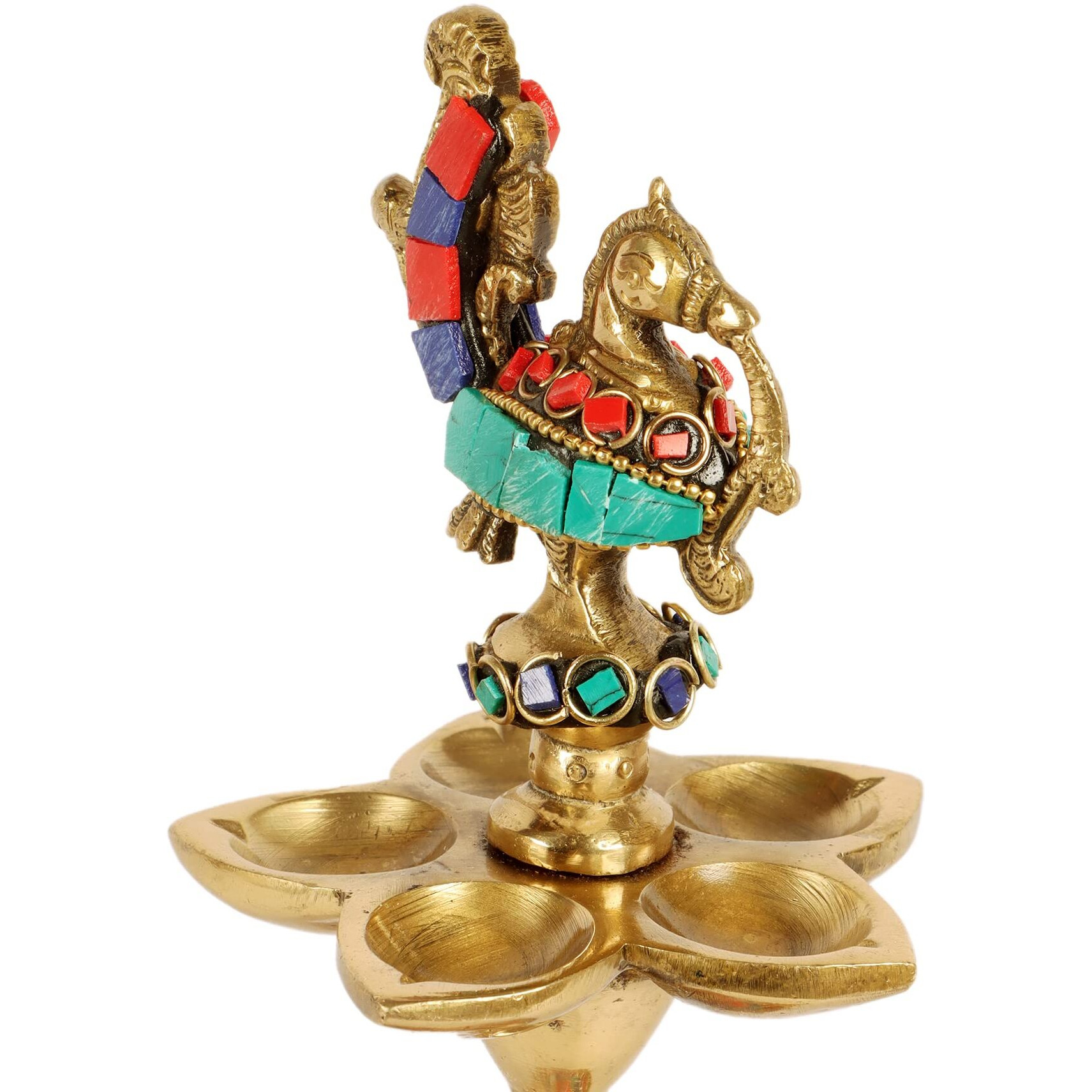 Two Moustaches Gemstone Work Peacock Over Ethnic Carved Legs Five Oil Wick Brass Diya, Diya for Home Temple, Standard, Pack of 1