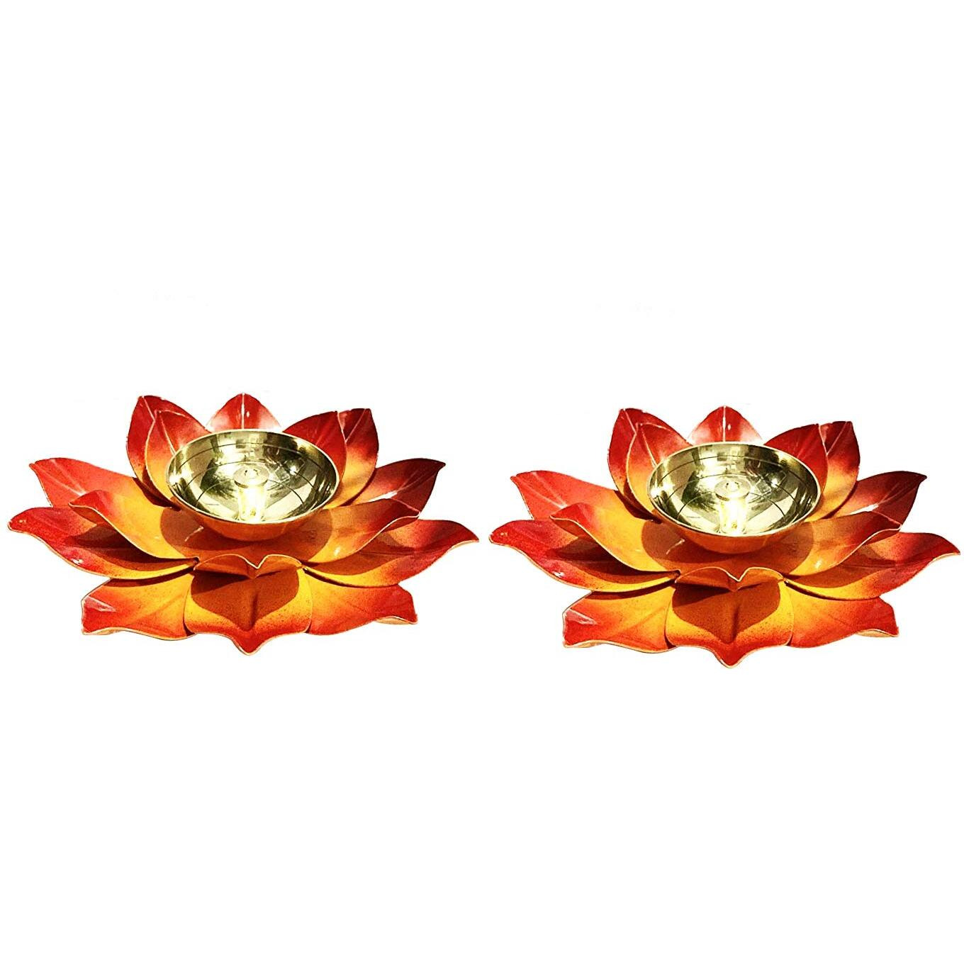 Collectible India Brass Diya Deepak Oil Lamp Small Lotus Kamal Shape for Home Temple Puja Articles Decor, Orange, Set of 2