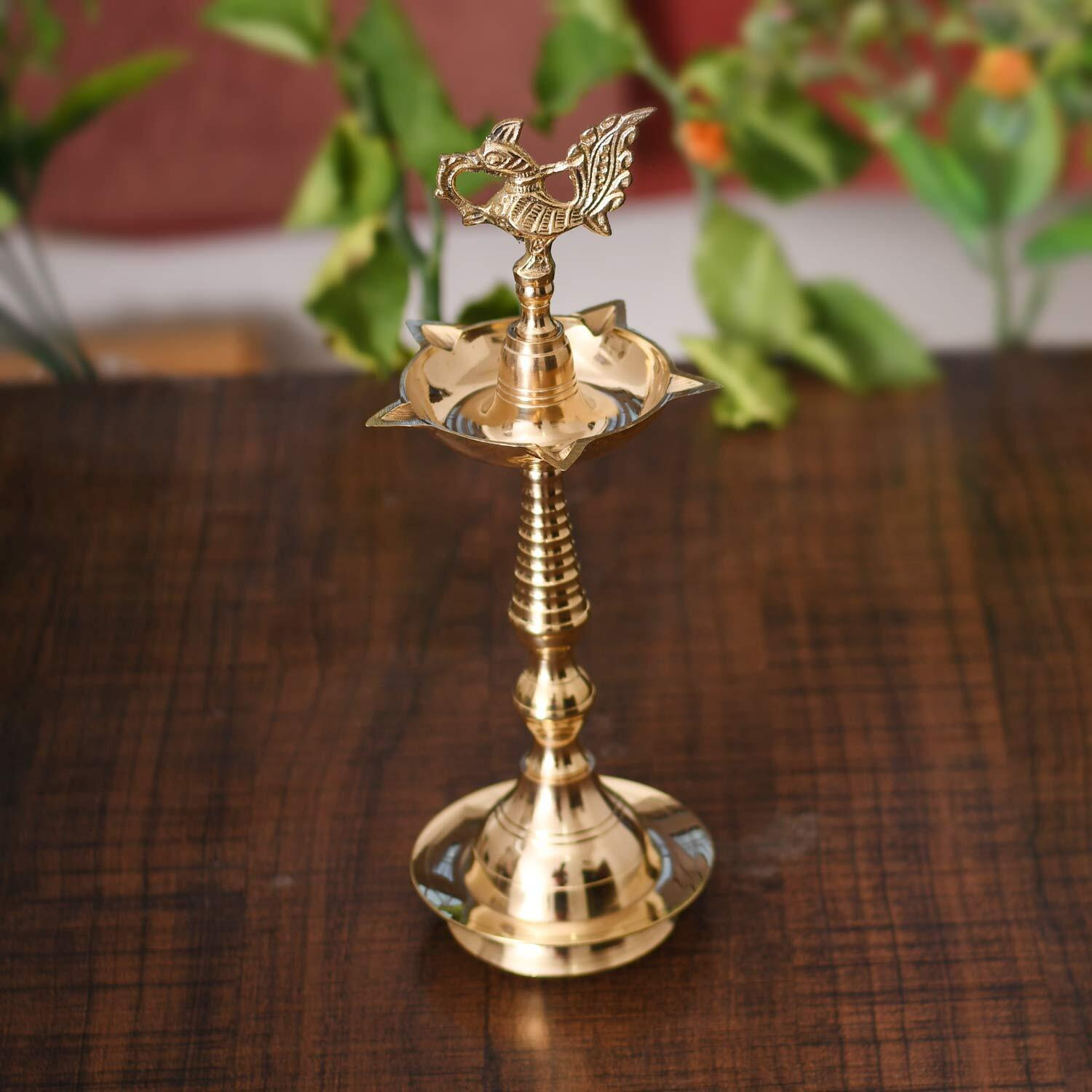 Collectible India Brass Kerala Diya Stand for Puja Kuthuvilakku Diya Oil Lamp Home Pooja Decor (24.5 Inches)