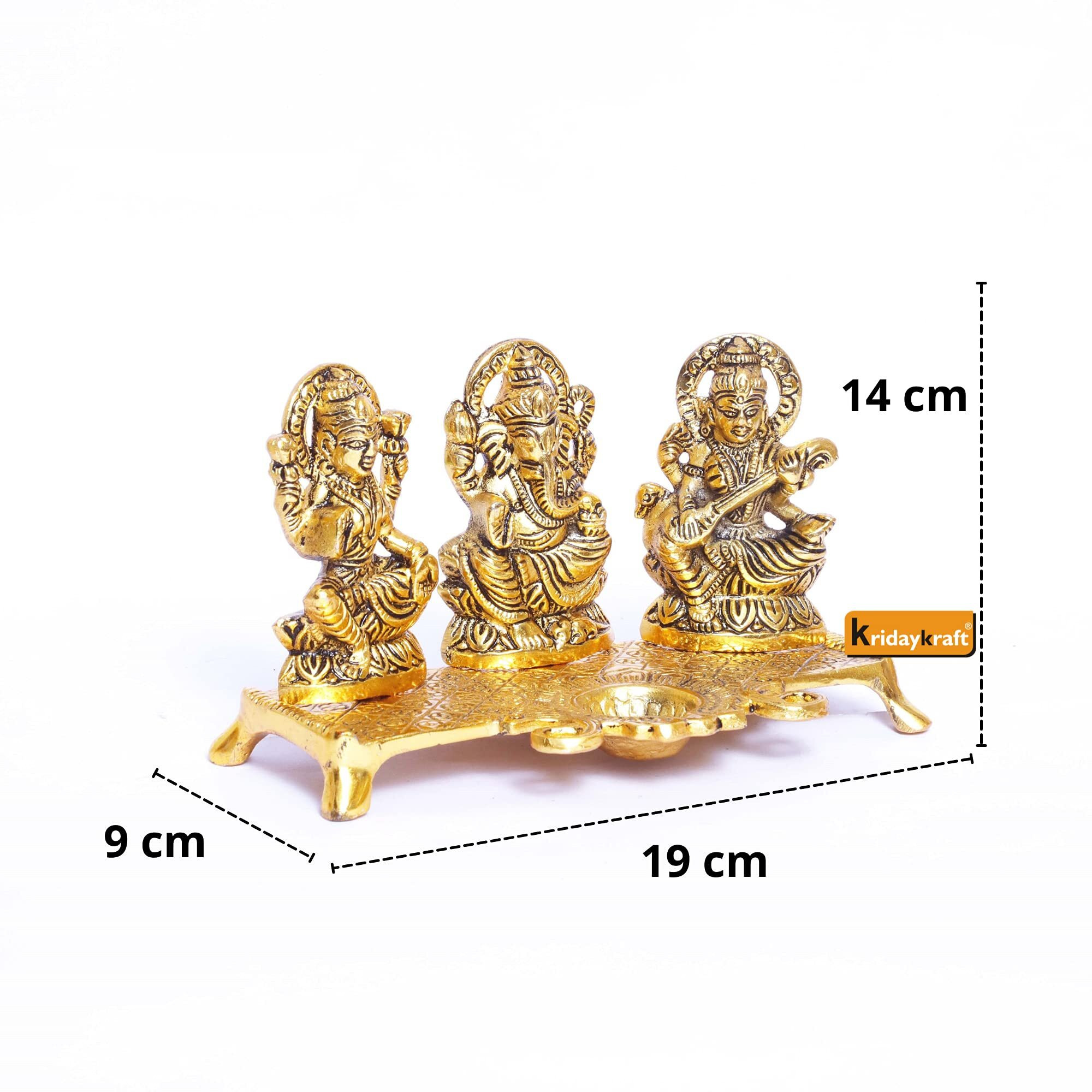 KridayKraft Laxmi Ganesh Saraswati Metal Idol Decorative Platter with Diya (Gold)