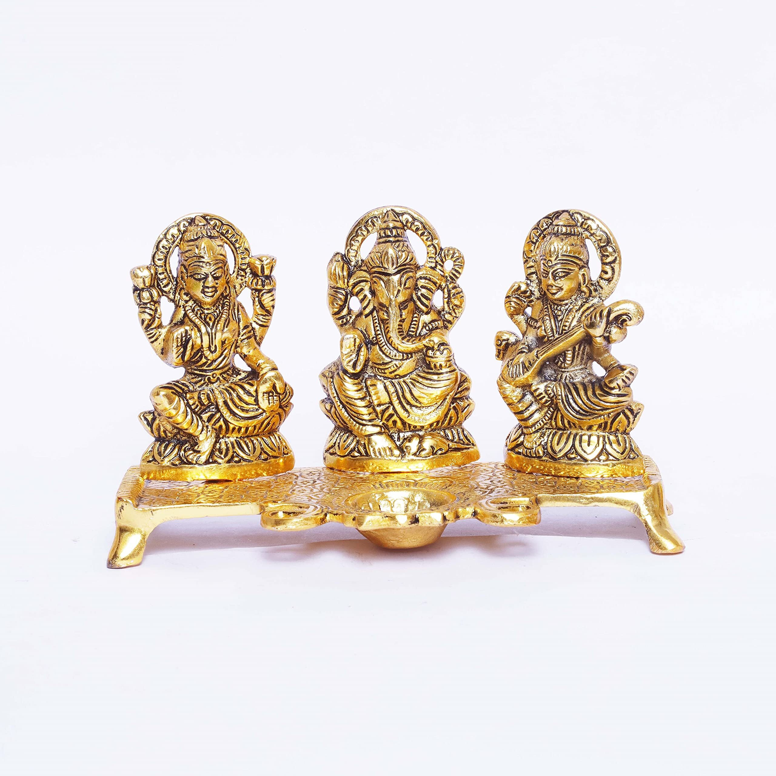 KridayKraft Laxmi Ganesh Saraswati Metal Idol Decorative Platter with Diya (Gold)