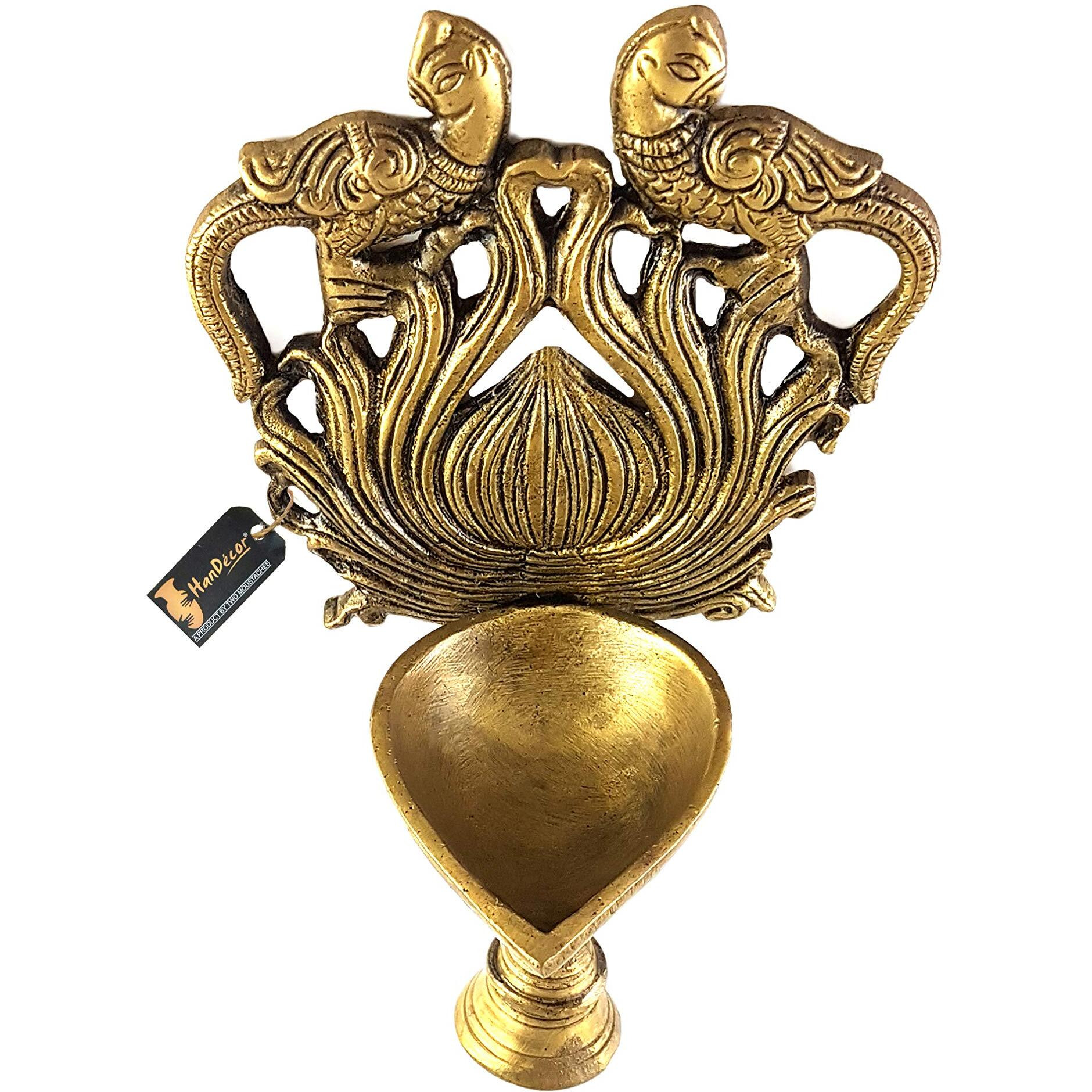 Two Moustaches Brass Ethnic Twin Peacock Design Wall Hanging Diya with Bell (Yellow_4 Inch X 3 Inch X 7.5 Inch)