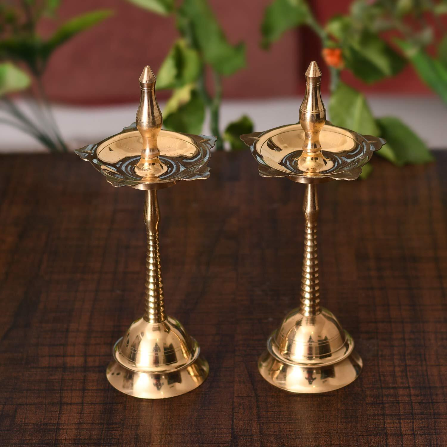 Collectible India Brass Fancy Kerala Diya Oil Lamp Stand- Traditional Diya for Diwali Puja - Kerela Deepak for Temple Stand Gifts Puja Articles Decor ( Set of 2)