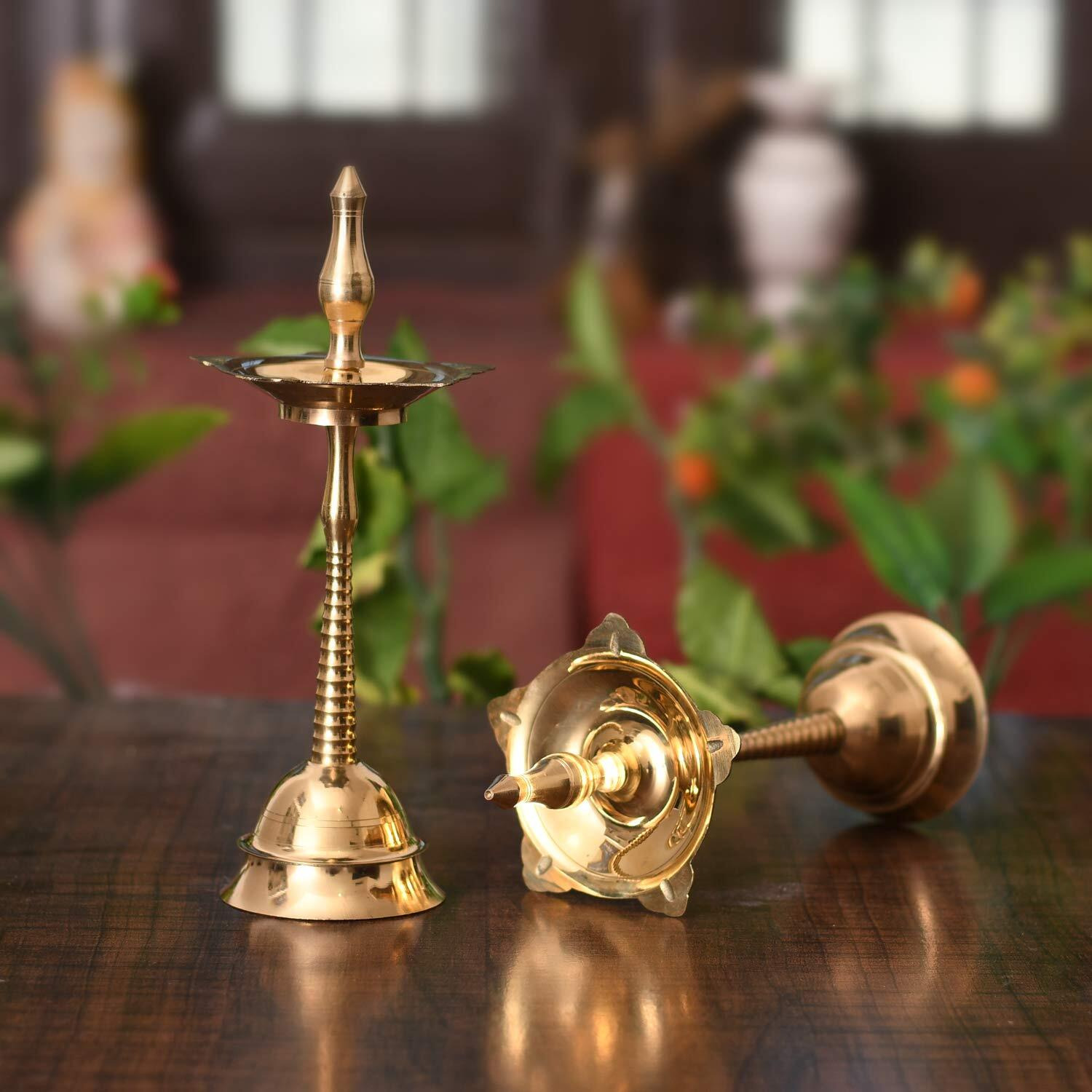 Collectible India Brass Fancy Kerala Diya Oil Lamp Stand- Traditional Diya for Diwali Puja - Kerela Deepak for Temple Stand Gifts Puja Articles Decor ( Set of 2)