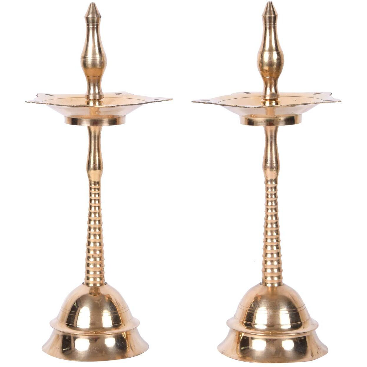 Collectible India Brass Fancy Kerala Diya Oil Lamp Stand- Traditional Diya for Diwali Puja - Kerela Deepak for Temple Stand Gifts Puja Articles Decor ( Set of 2)