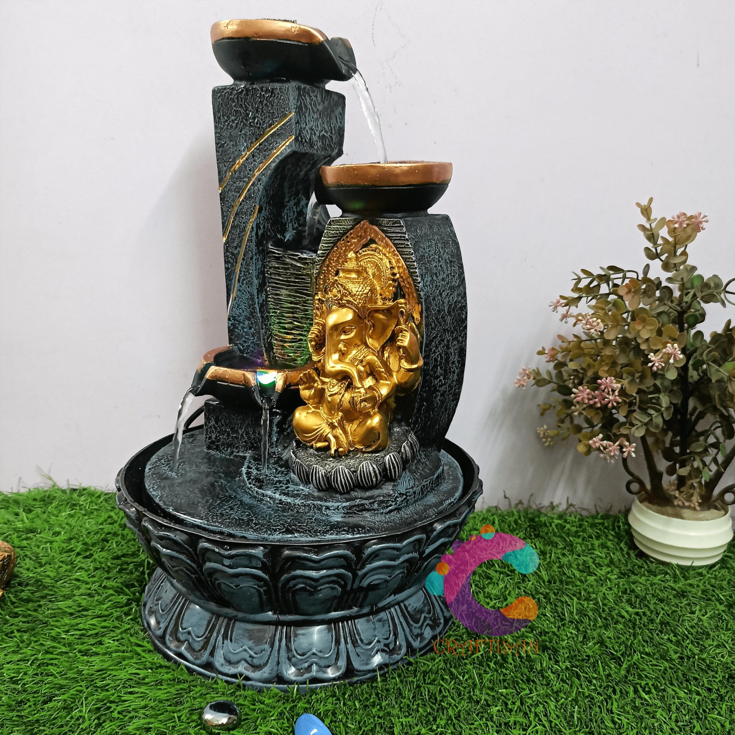 Craftisan Decorative Water Fountain for Home Dcor, Office, Indoor & Outdoor, Garden, Puja Room, Vaastu, Reception, Spa, Gifting. (3 Step Diya Ganesh (Golden))