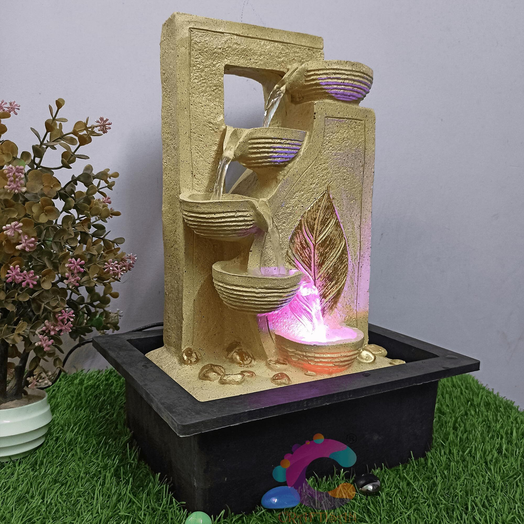 Craftisan Decorative Water Fountain for Home Dcor, Office, Indoor & Outdoor, Garden, Puja Room, Vaastu, Reception, Spa, Gifting. (Gold Leaf Diya)