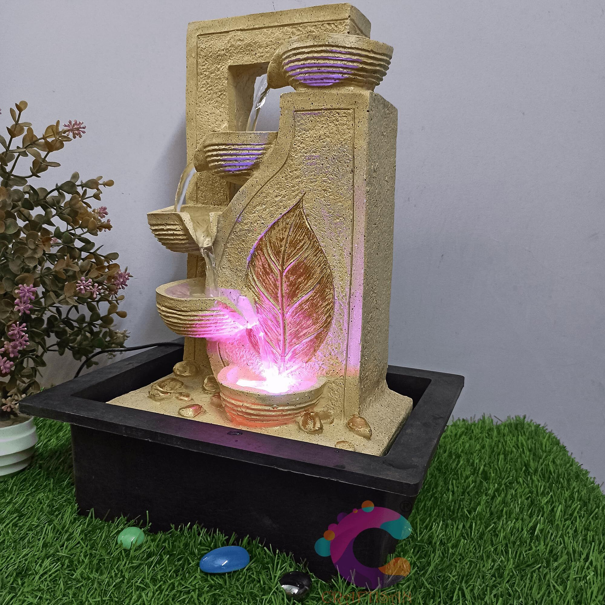 Craftisan Decorative Water Fountain for Home Dcor, Office, Indoor & Outdoor, Garden, Puja Room, Vaastu, Reception, Spa, Gifting. (Gold Leaf Diya)