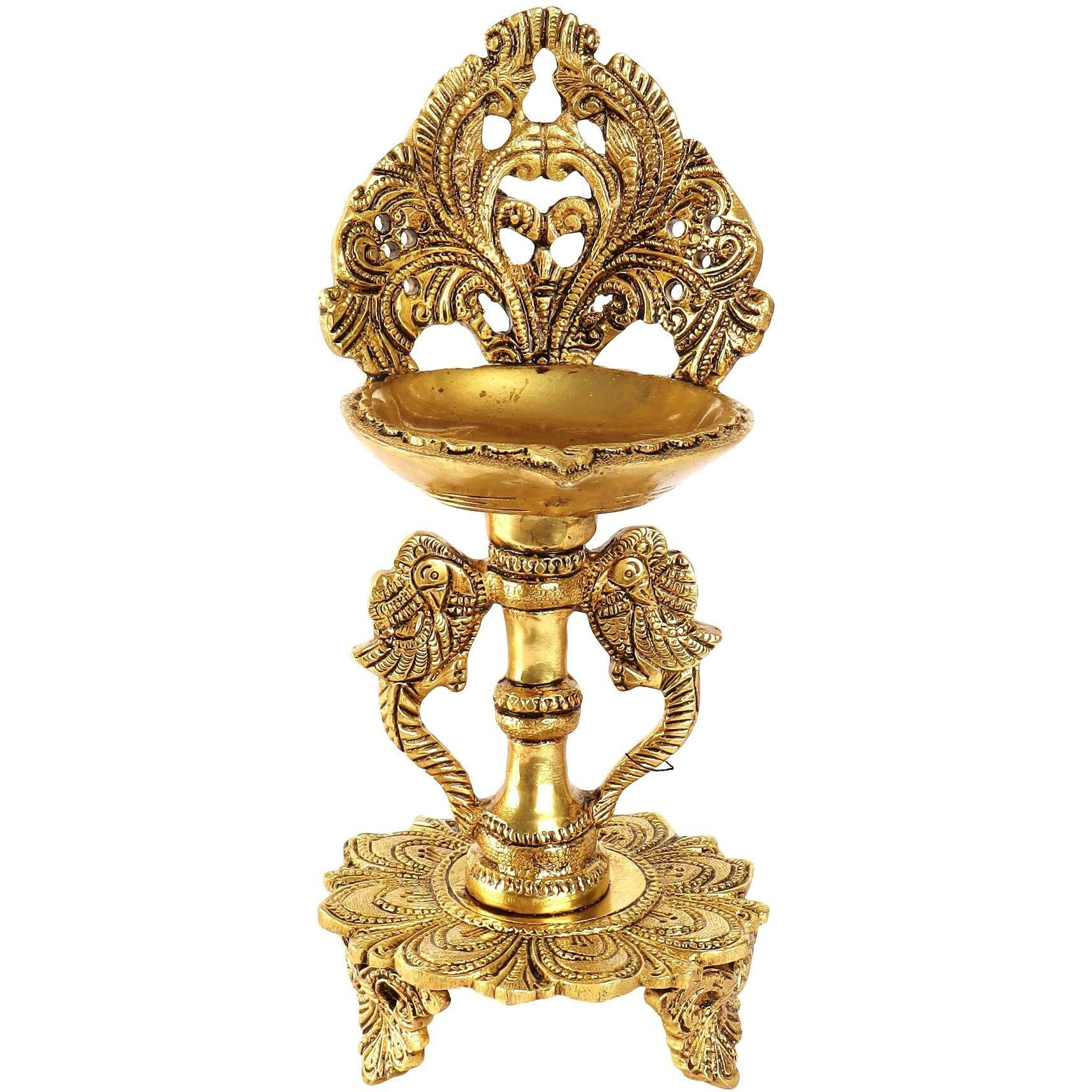 Two Moustaches Ethnic Twin Peacock Design Brass Oil Diya with Base (9 Inches) (Golden) (Pack of 1)