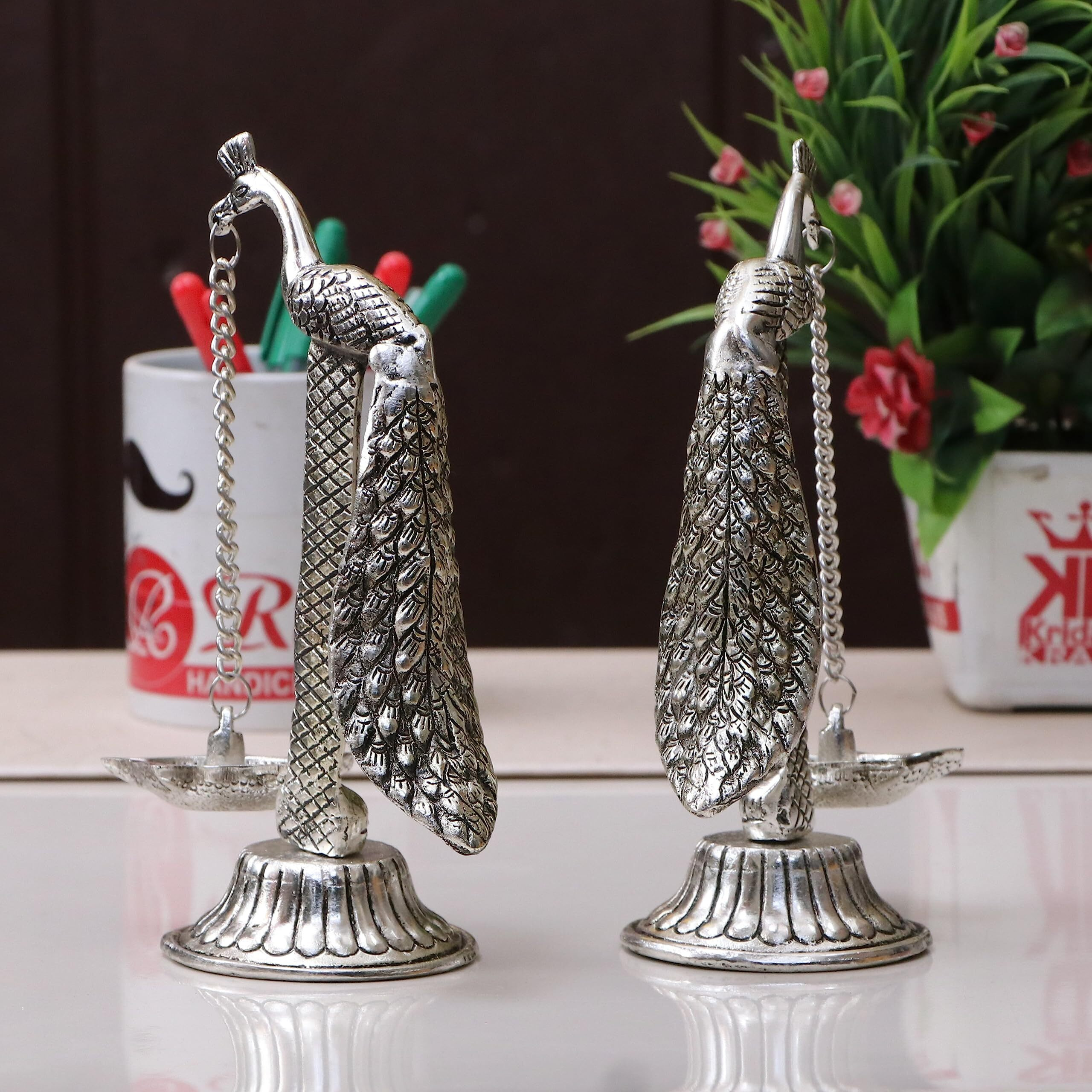 Kridaykraft Peacock Design Metal Hanging with Chain Diya Pair of Peacock Design Bird Diya Deepak Oil Lamp Metal Silver Finish Hanging Diya Pair Puja Gift Item Antique, Standard,Pack of 2