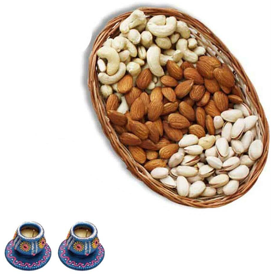 SFU E Com Diwali Dry Fruit Gift Basket Hamper with Fresh Almond, Pistachio & Cashew with Designer Diya, 417