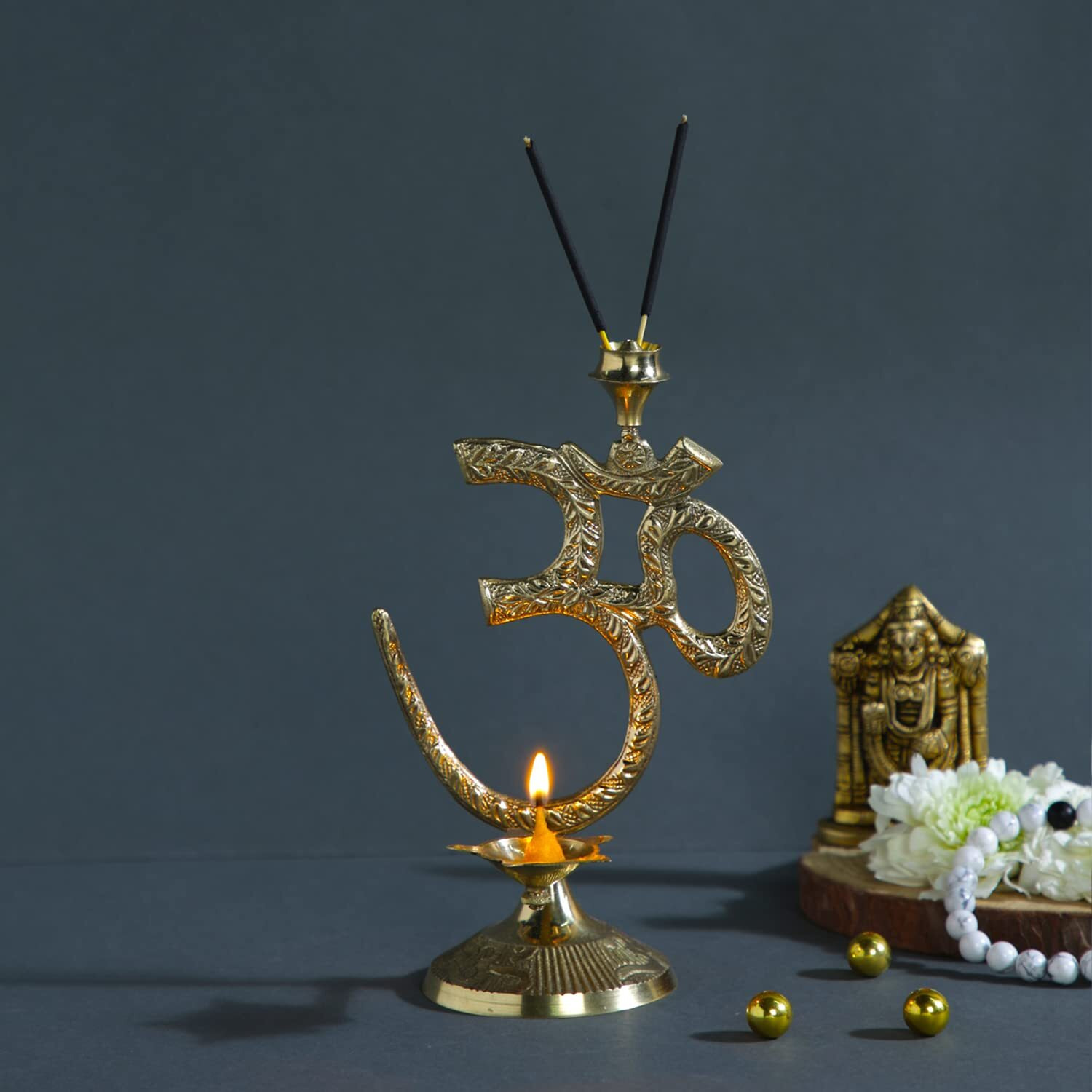 CraftVatika Om Symbol Design with Brass Diya Oil Lamp with Incense Holder, Brass Diya with Agarbatti Stand, Golden, (7 Inches Height)