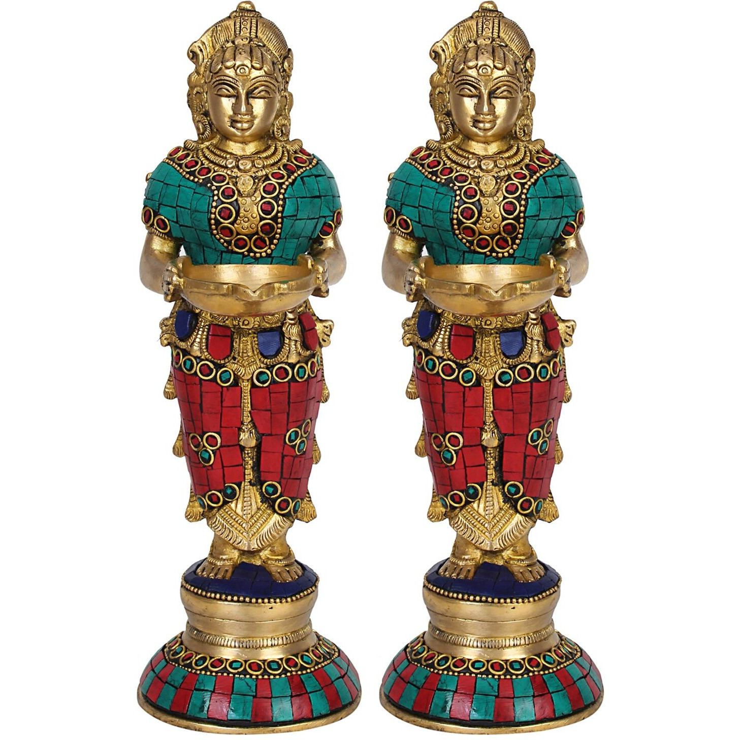 Artvarko Brass Deep Laxmi Pair (Set of Two) for Home Entrance Dcor Puja Room Devi Meenakshi Diya Lady Holding Oil Lamp Diwali Gift Multicolor Stone Decoration Height 9 Inch