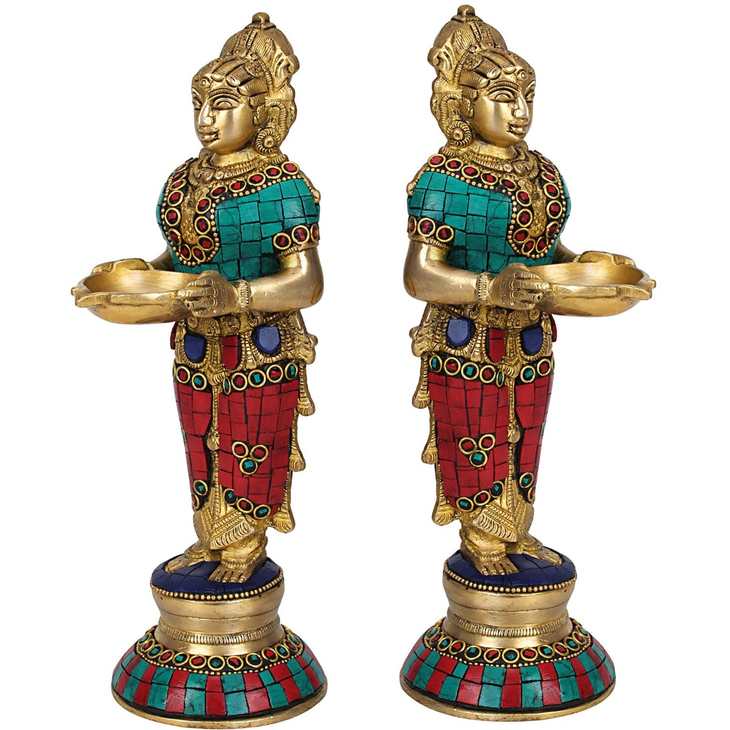 Artvarko Brass Deep Laxmi Pair (Set of Two) for Home Entrance Dcor Puja Room Devi Meenakshi Diya Lady Holding Oil Lamp Diwali Gift Multicolor Stone Decoration Height 9 Inch