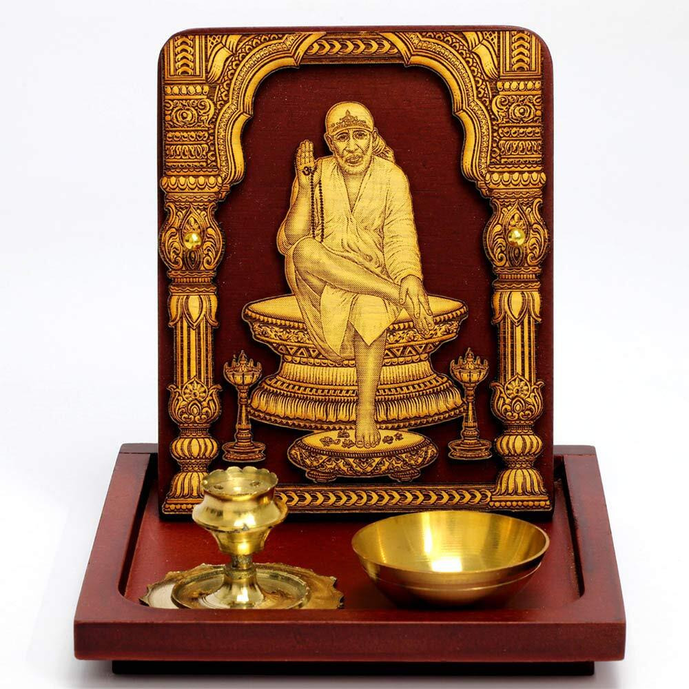 Eknoor Sai Baba Ji God Idol with Brown Wooden Base and Brass Dhoop Agarbatti Stand Incense Holder and Diya Mini Puja Ghar/Puja Ghar Set for Home, Office, House Warming, Gift-Super Carving 2