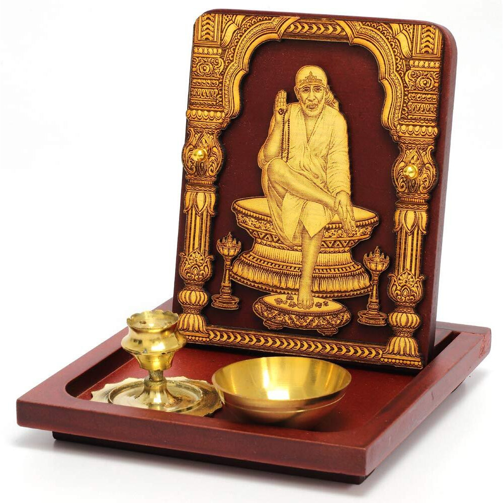 Eknoor Sai Baba Ji God Idol with Brown Wooden Base and Brass Dhoop Agarbatti Stand Incense Holder and Diya Mini Puja Ghar/Puja Ghar Set for Home, Office, House Warming, Gift-Super Carving 2