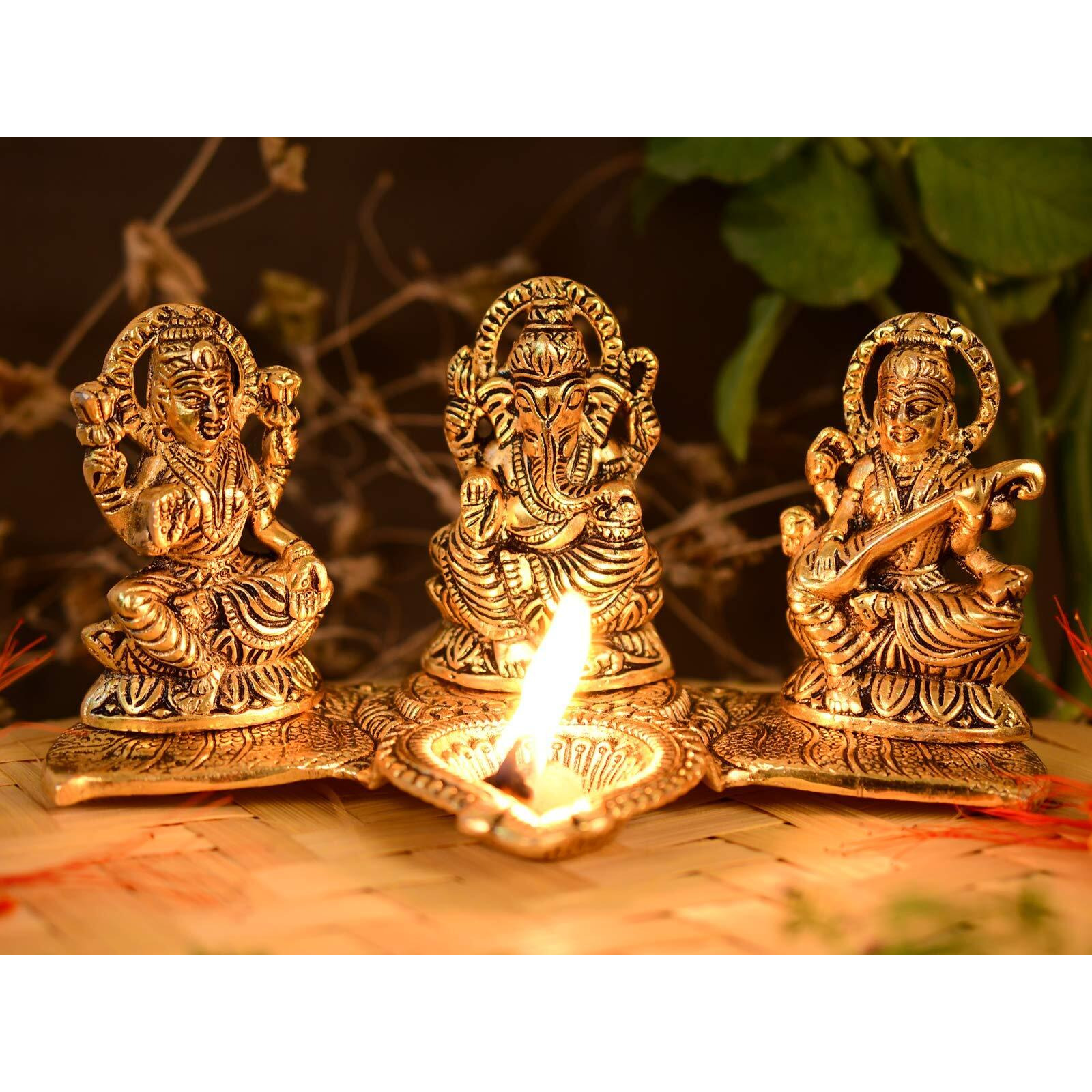 Collectible India Lakshmi Ganesha Saraswati with Diya Diwali Statue Idol - Puja Deepak- Showpiece Oil Lamp Diya Decorations (Set of 25)