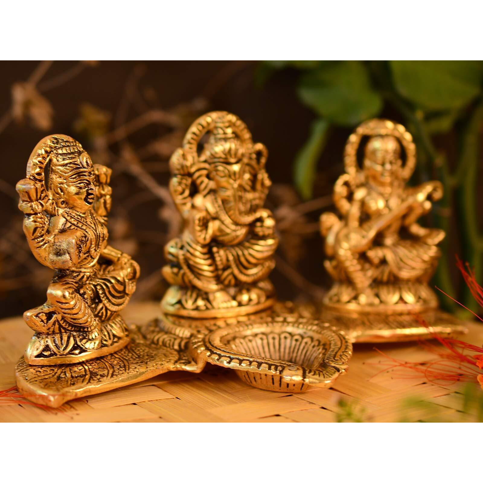 Collectible India Lakshmi Ganesha Saraswati with Diya Diwali Statue Idol - Puja Deepak- Showpiece Oil Lamp Diya Decorations (Set of 25)