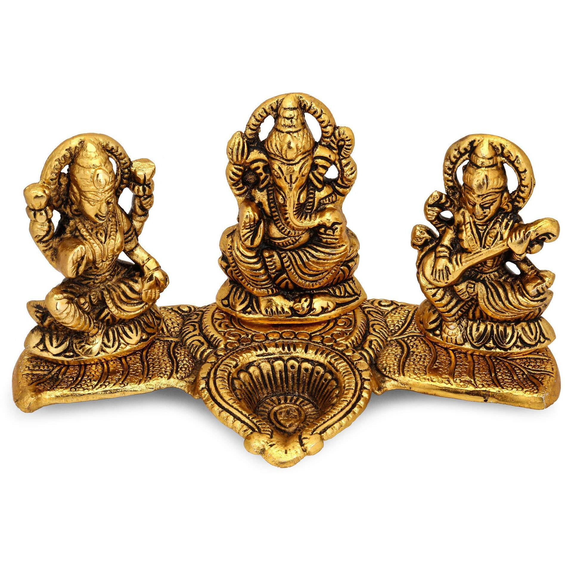 Collectible India Lakshmi Ganesha Saraswati with Diya Diwali Statue Idol - Puja Deepak- Showpiece Oil Lamp Diya Decorations (Set of 1)