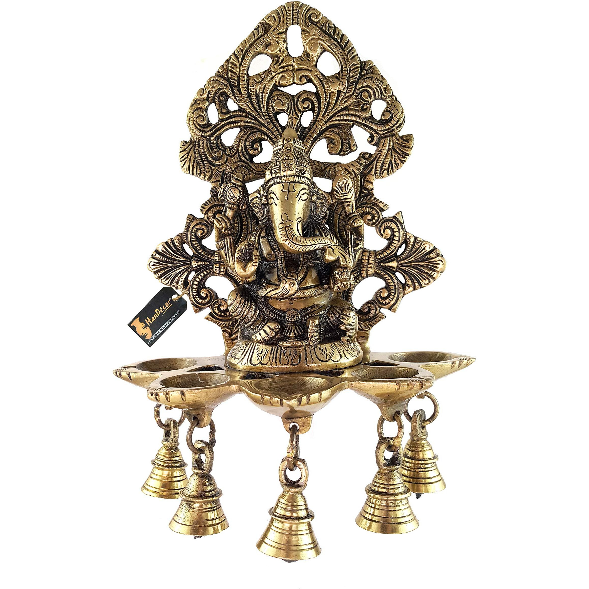 Two Moustaches Brass Panchdeep Ganesha Hanging with Bells, Brass Hanging Diya, Standard, Pack of 1