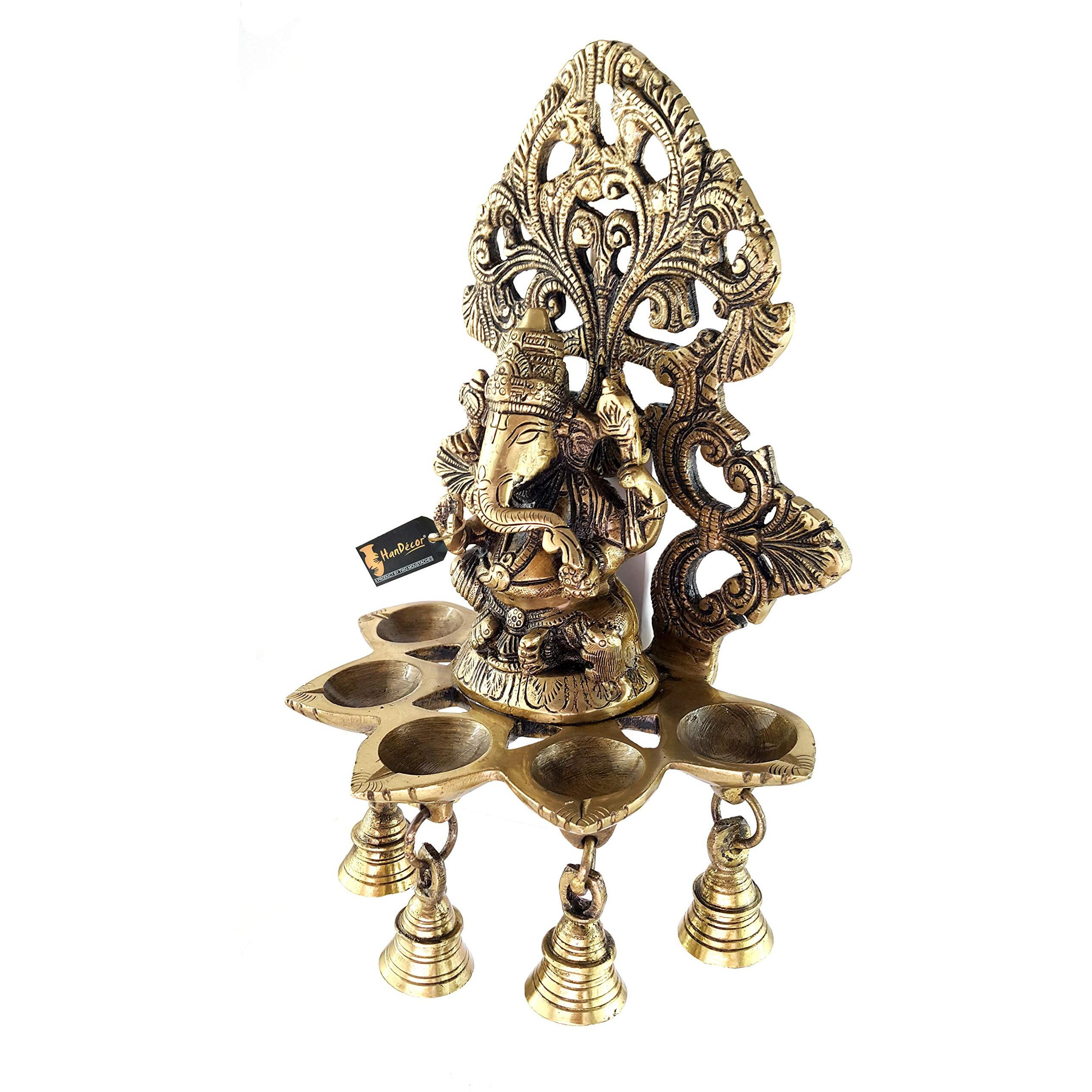 Two Moustaches Brass Panchdeep Ganesha Hanging with Bells, Brass Hanging Diya, Standard, Pack of 1