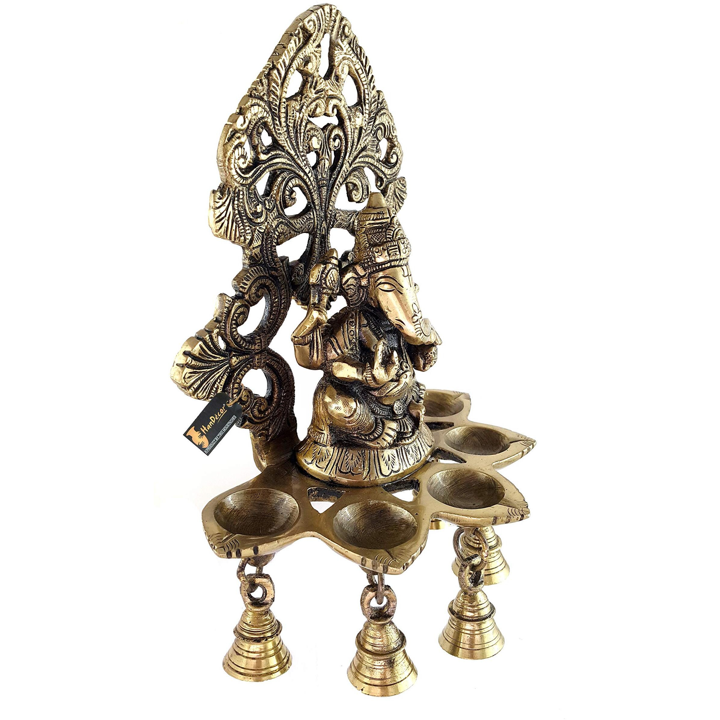 Two Moustaches Brass Panchdeep Ganesha Hanging with Bells, Brass Hanging Diya, Standard, Pack of 1