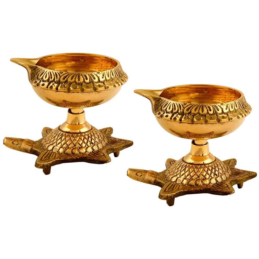 Hashcart Handmade Brass Kuber Diya with Turtle Base, Engraved Design Diyas for Pooja and Return Gifts- (Gold)