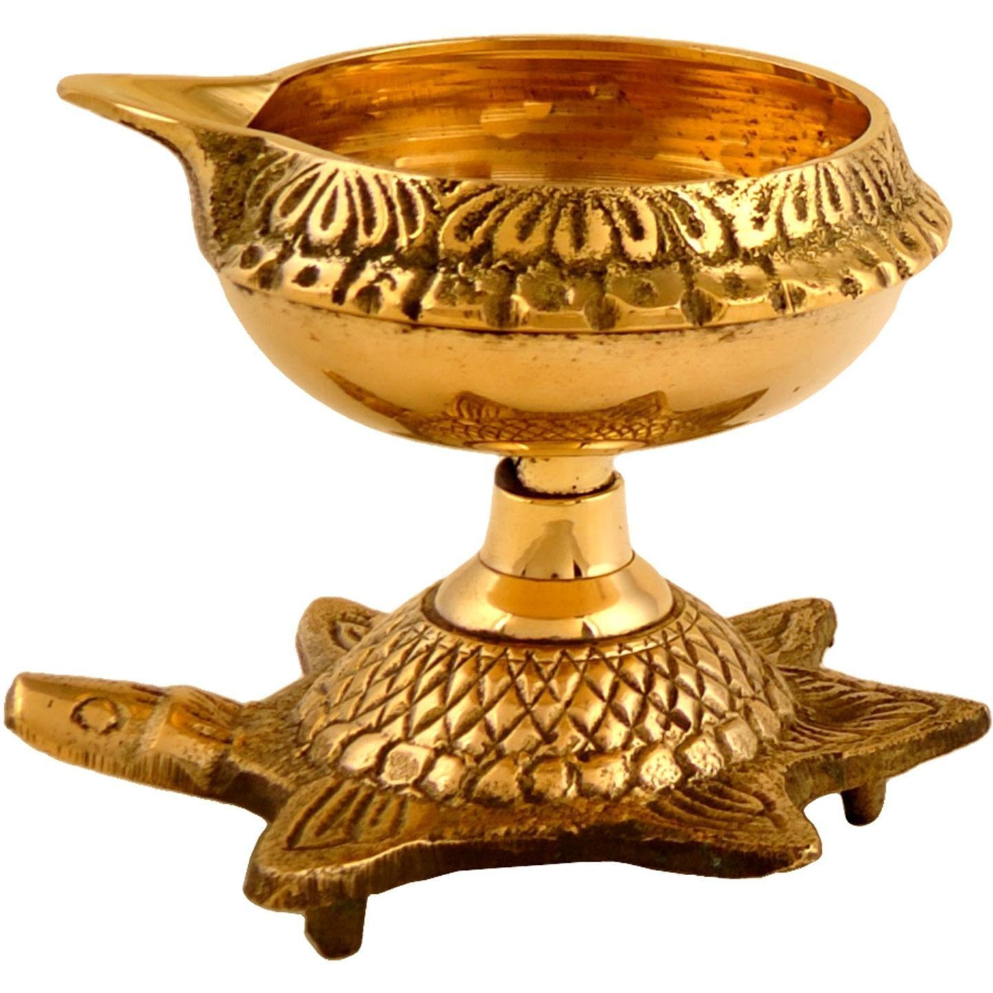 Hashcart Handmade Brass Kuber Diya with Turtle Base, Engraved Design Diyas for Pooja and Return Gifts- (Gold)